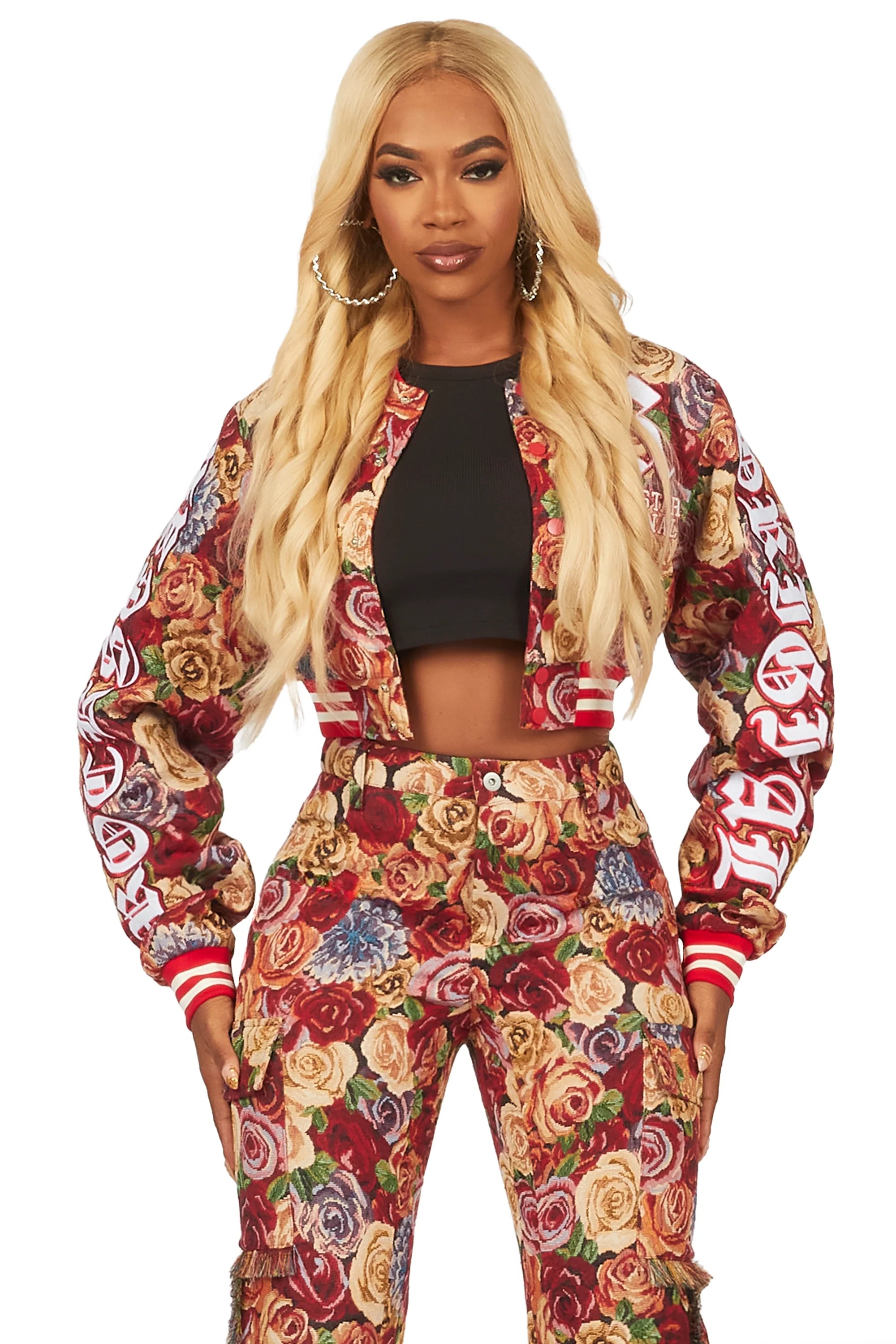Darresha Red Crop Tapestry Varsity Jacket
