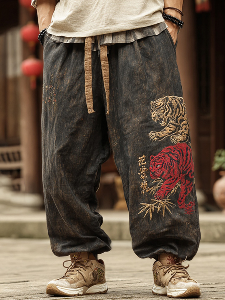 Men's Vintage Japanese Tiger Art Contrast Color Linen Pants