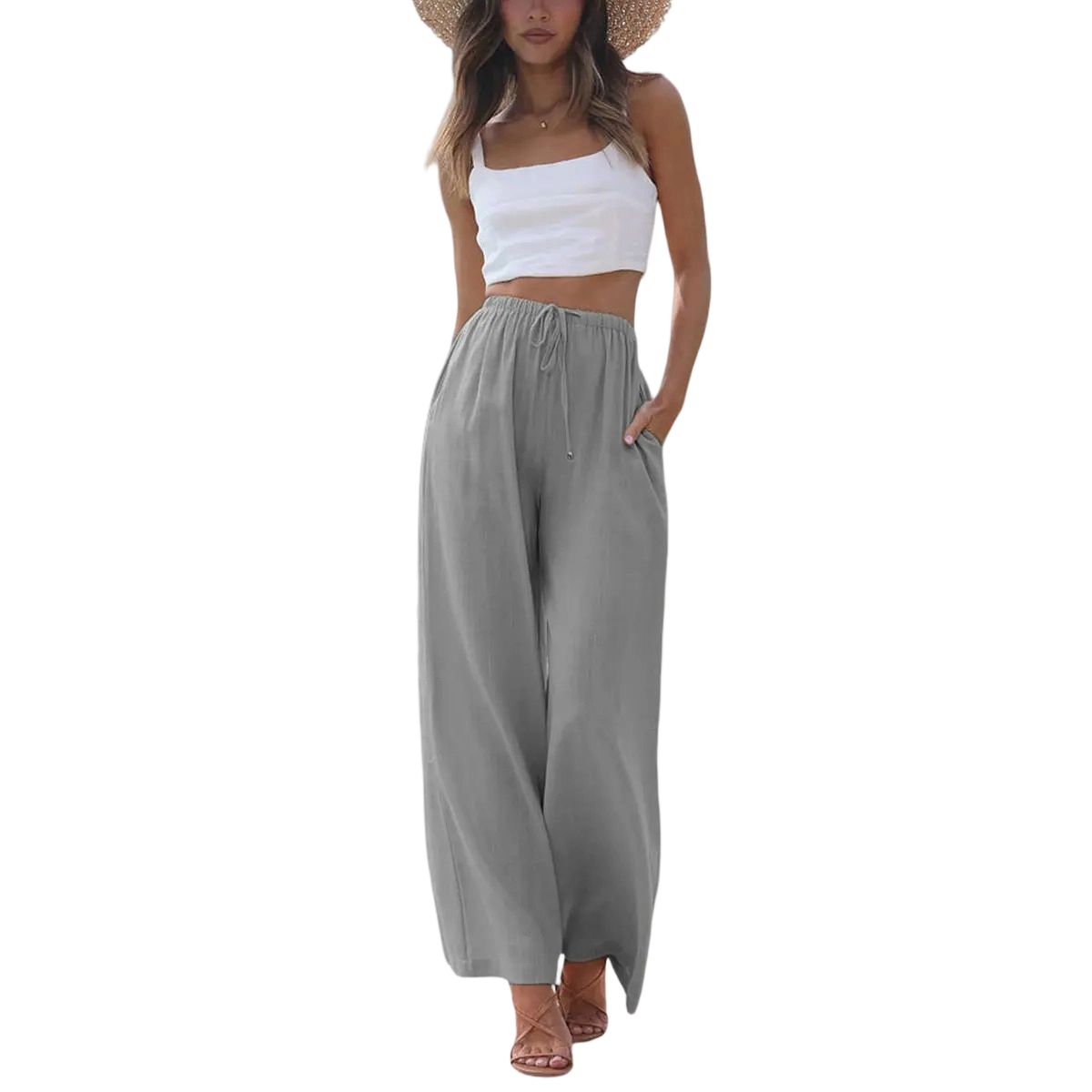 Women's Cotton Linen Summer Palazzo Pants Flowy Wide Leg Beach Trousers with Pockets Casual Womenswear