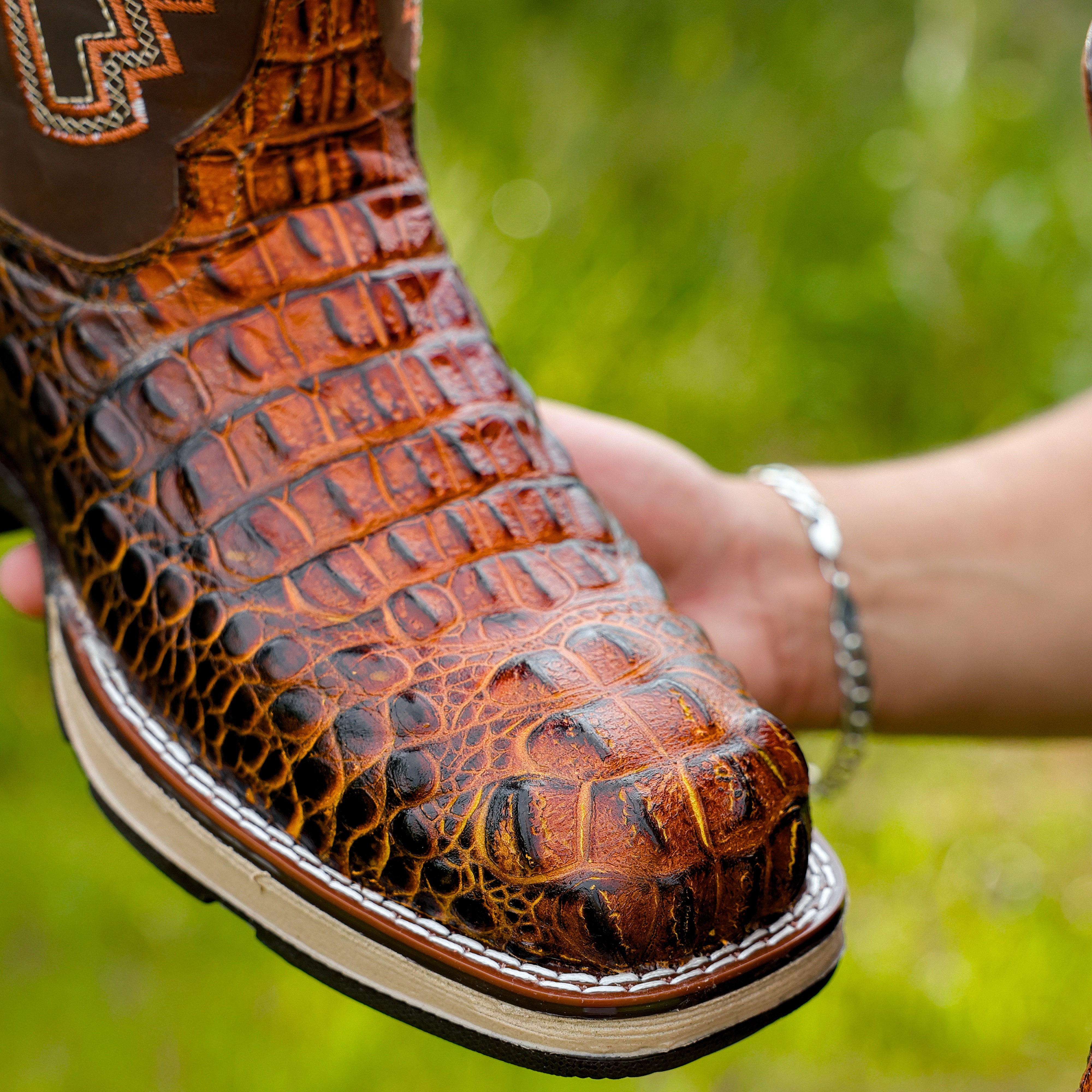 Honey Cognac Caiman Neck Leather Boots With 3D Lightweight Sole - Composite Toe