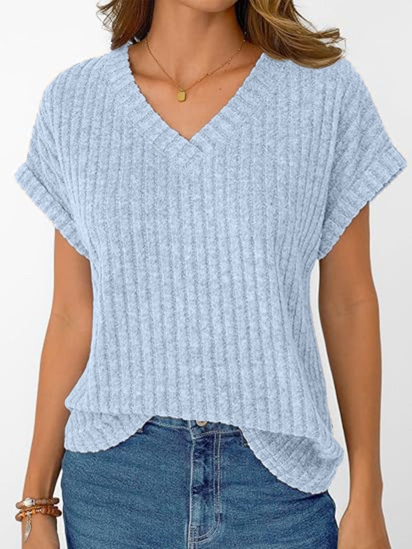 Ribbed Knit V-Neck Relaxed Fit T-Shirt