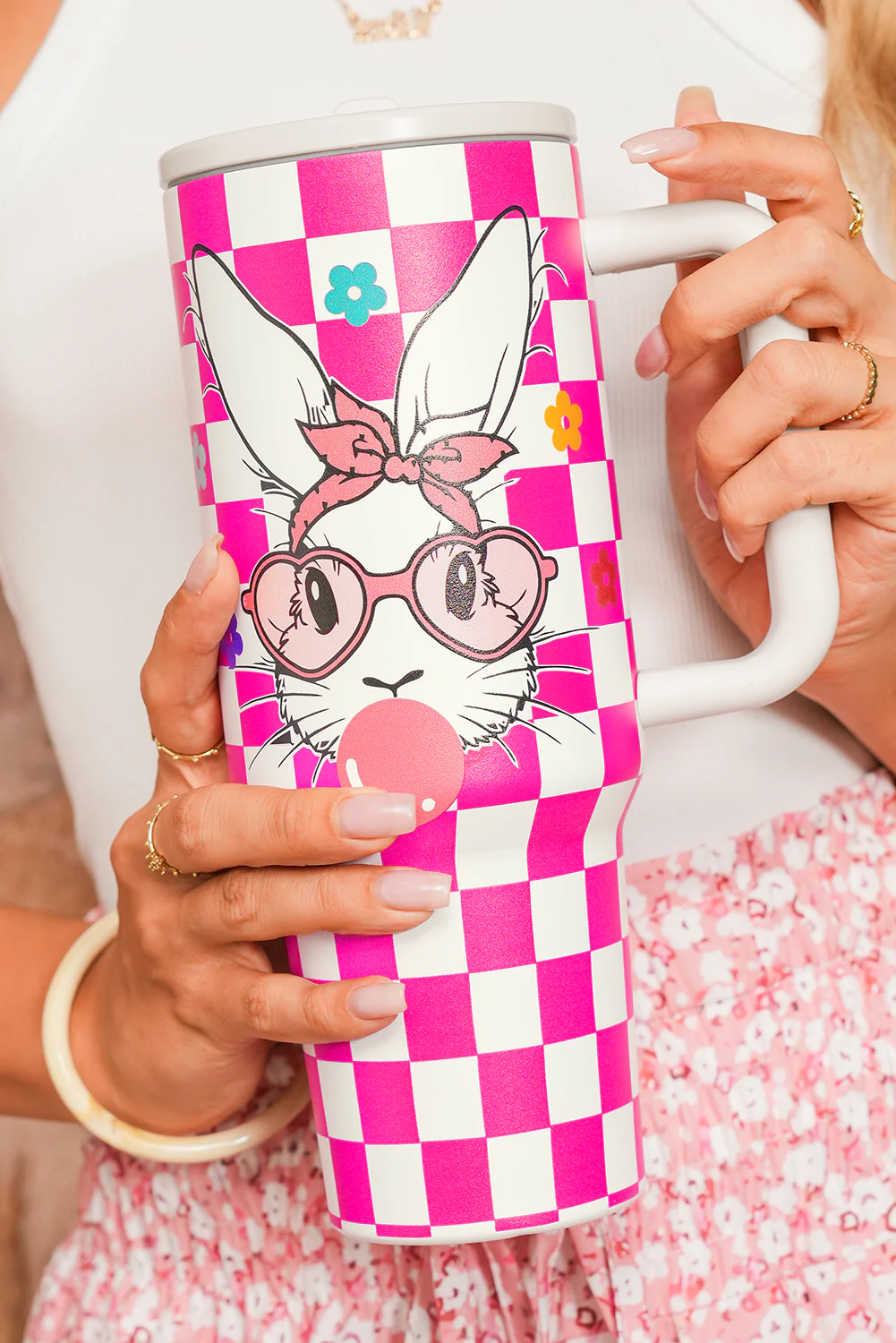 Rose Red Easter Rabbit Flower Checkered Print Large Tumbler 40oz