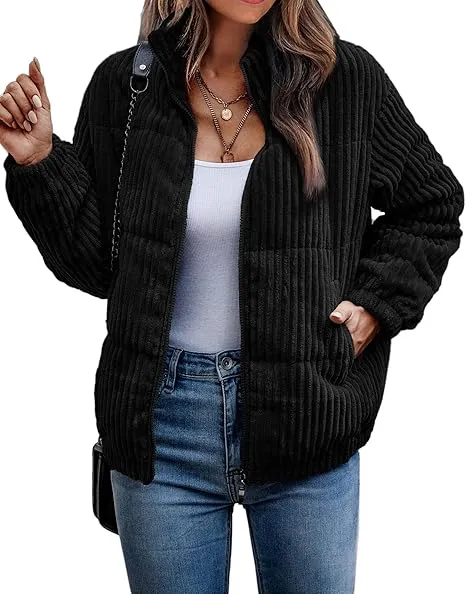 Women's Bomber Jacket Corduroy Ribbed Quilted Zip Up Long Sleeve Winter Coat Fall Outerwear Tops with Pockets