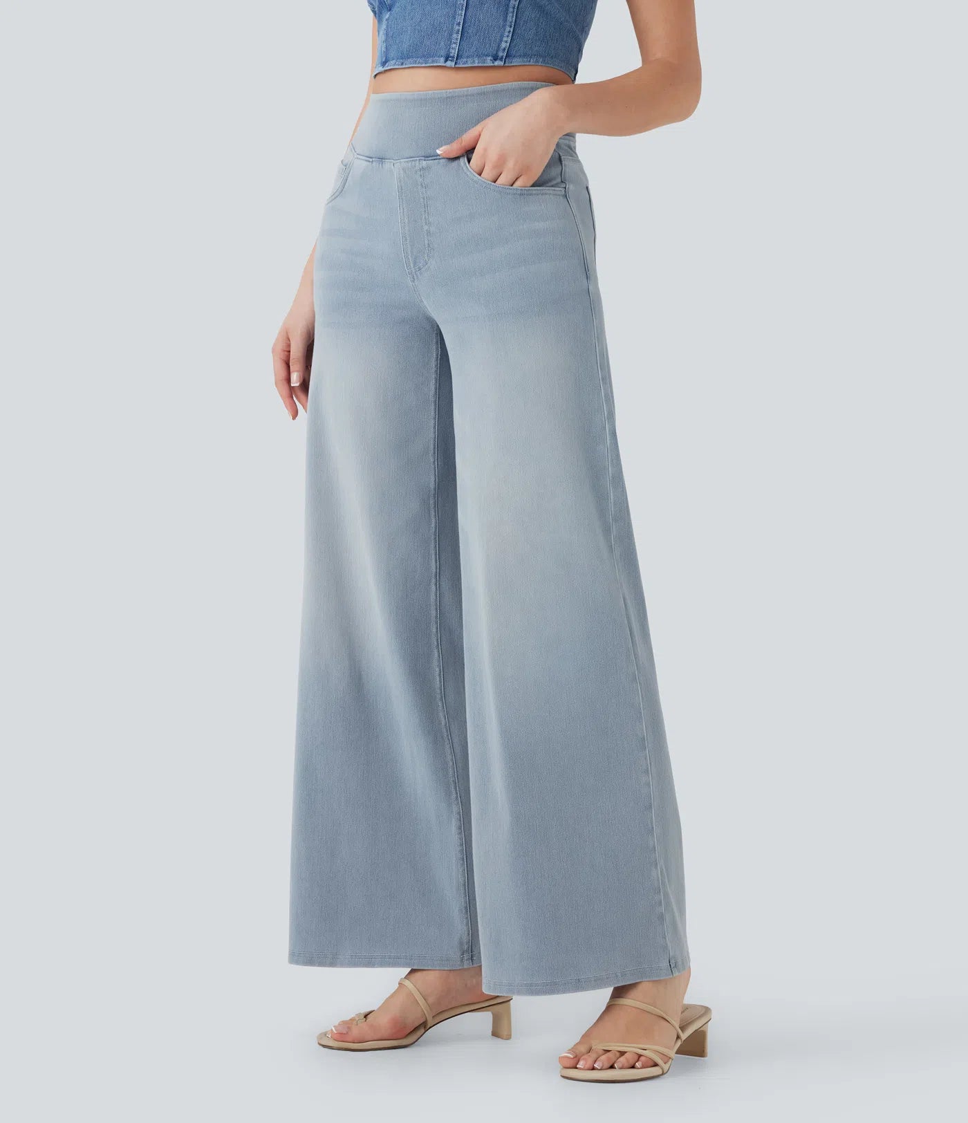 High Waisted Pockets Baggy Wide Leg Washed Casual Jeans