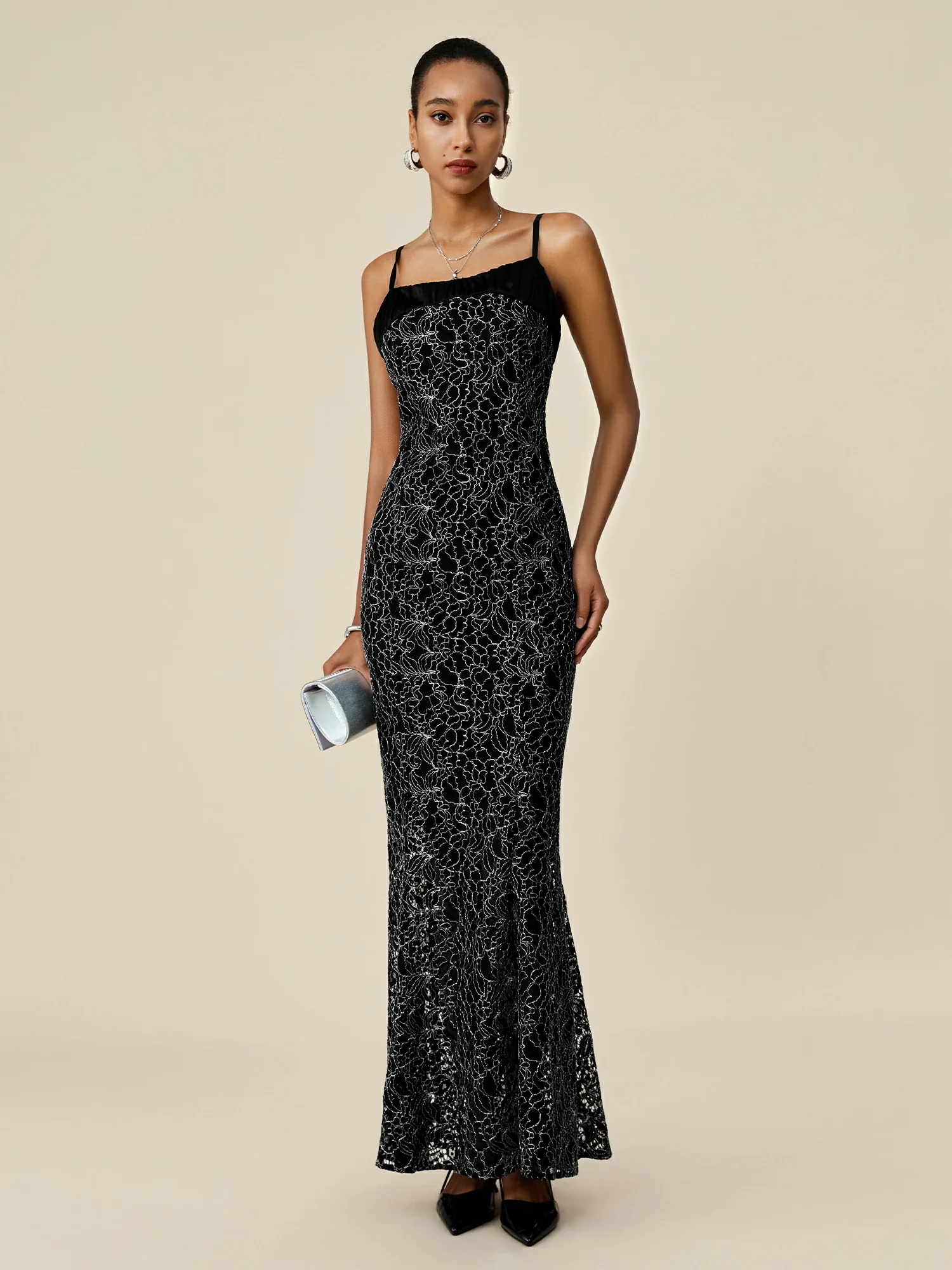 Silver Metallic Lace Cami Fishtail Dress