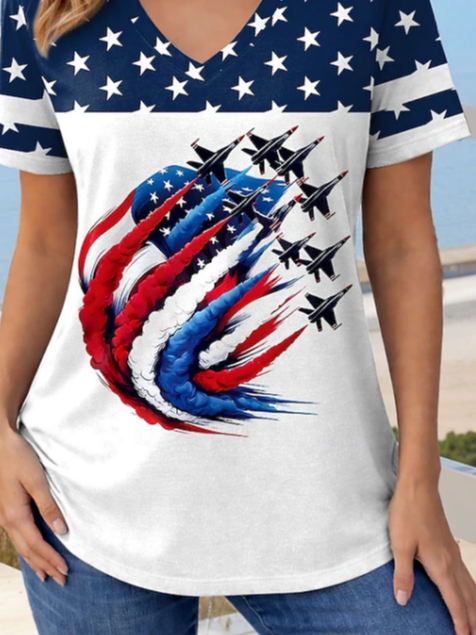 Women's Short Sleeve T-shirt Summer White America Flag Printing V Neck Holiday Going Out Vintage Top