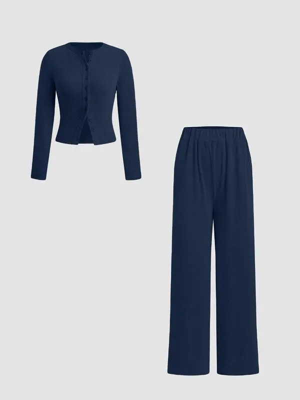 Women’s Ribbed Knit Crop Top & Elastic Waist Pants Two-Piece Set