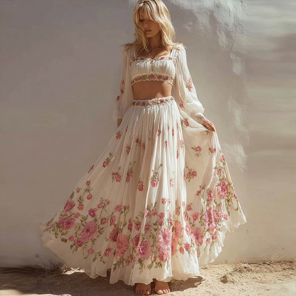 Vintage Boho Roses Art Pattern Flowy Linen Skirt