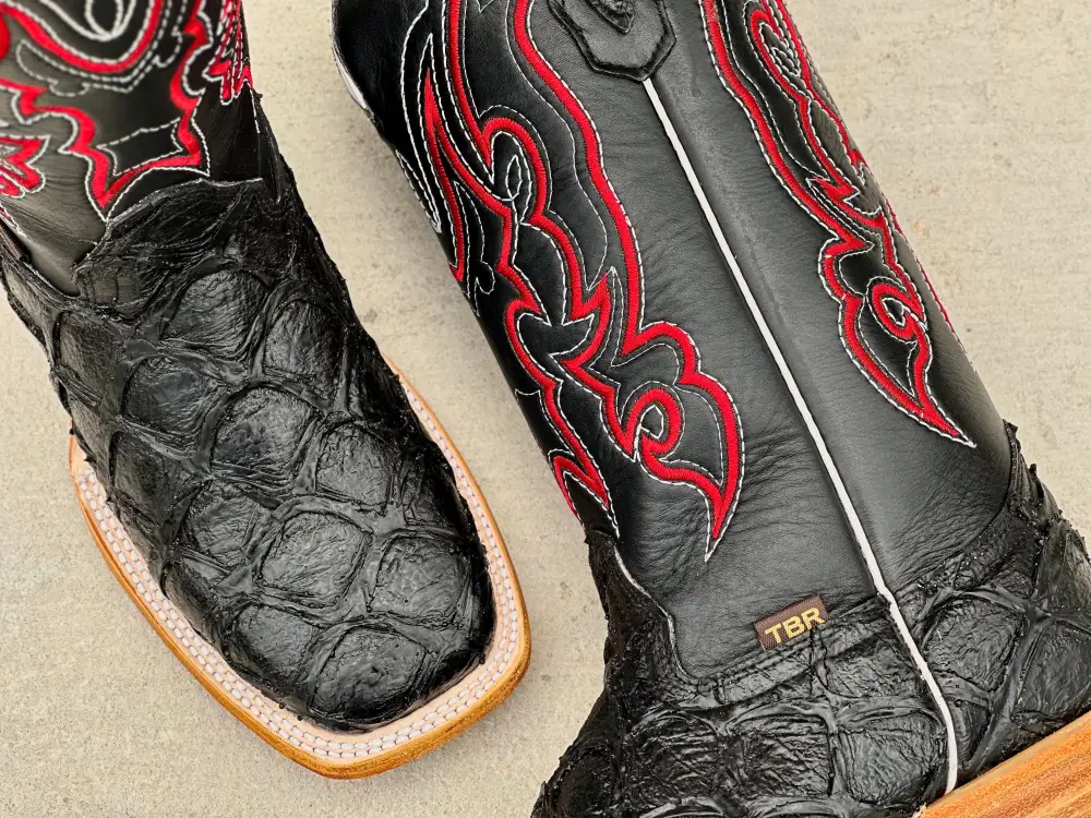 Men’s Black Pirarucu Leather Boots With Black/ Red Embroidery Shaft