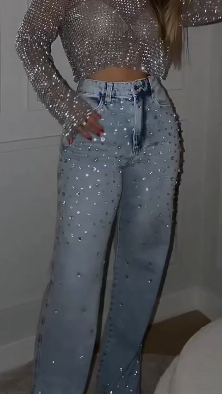Women Round Neck Rhinestone Top+ Jeans Casual Set