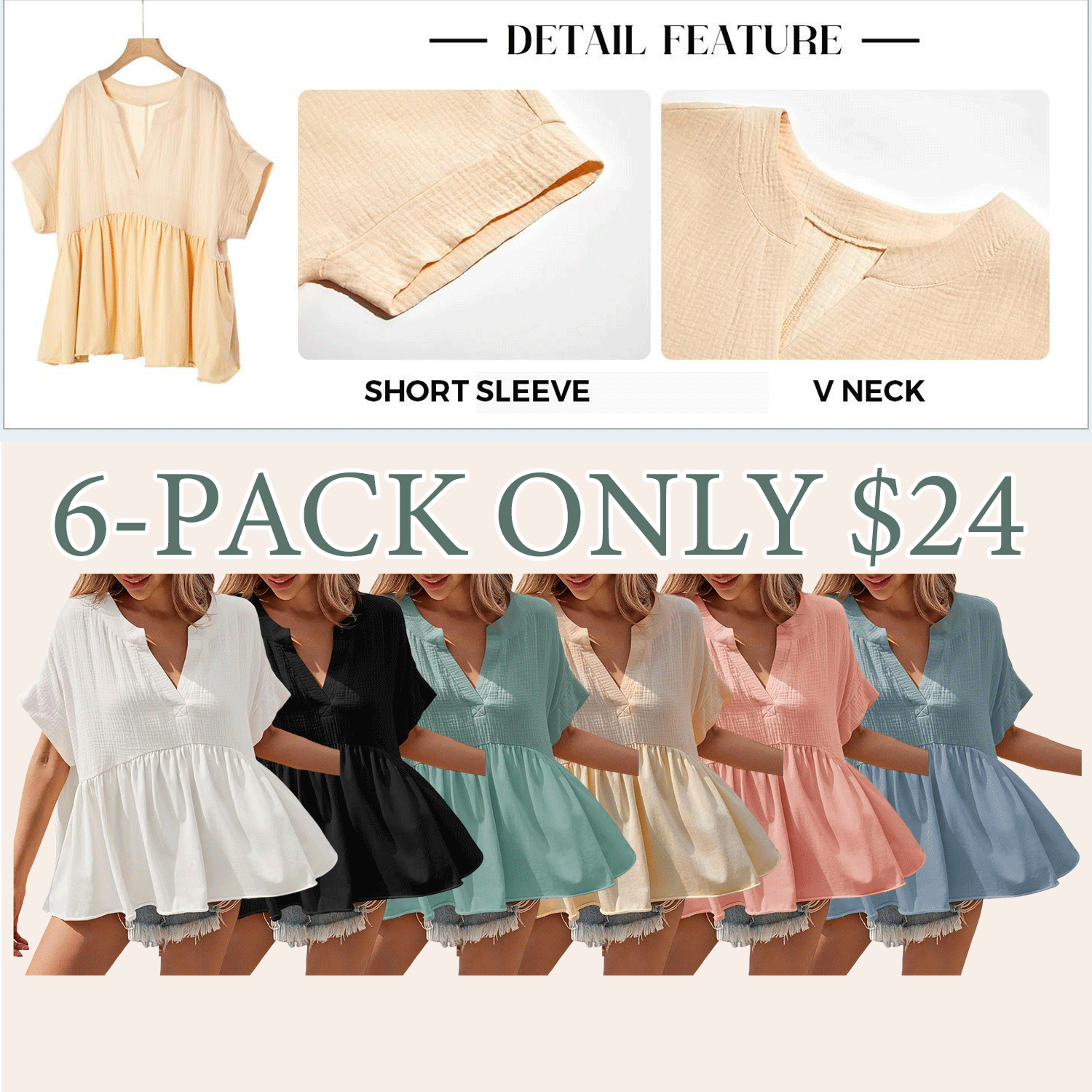 Womens Summer Babydoll Tops V Neck Short Sleeve Pleated Flowy Shirts