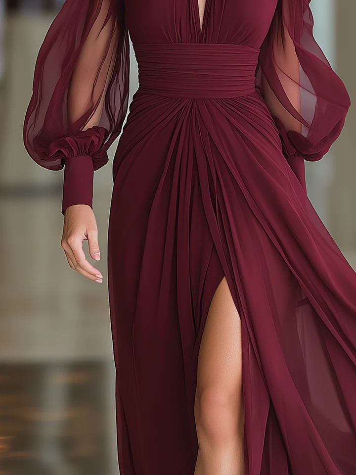 Burgundy High-necked Tulle Pleated Slit Maxi Dress