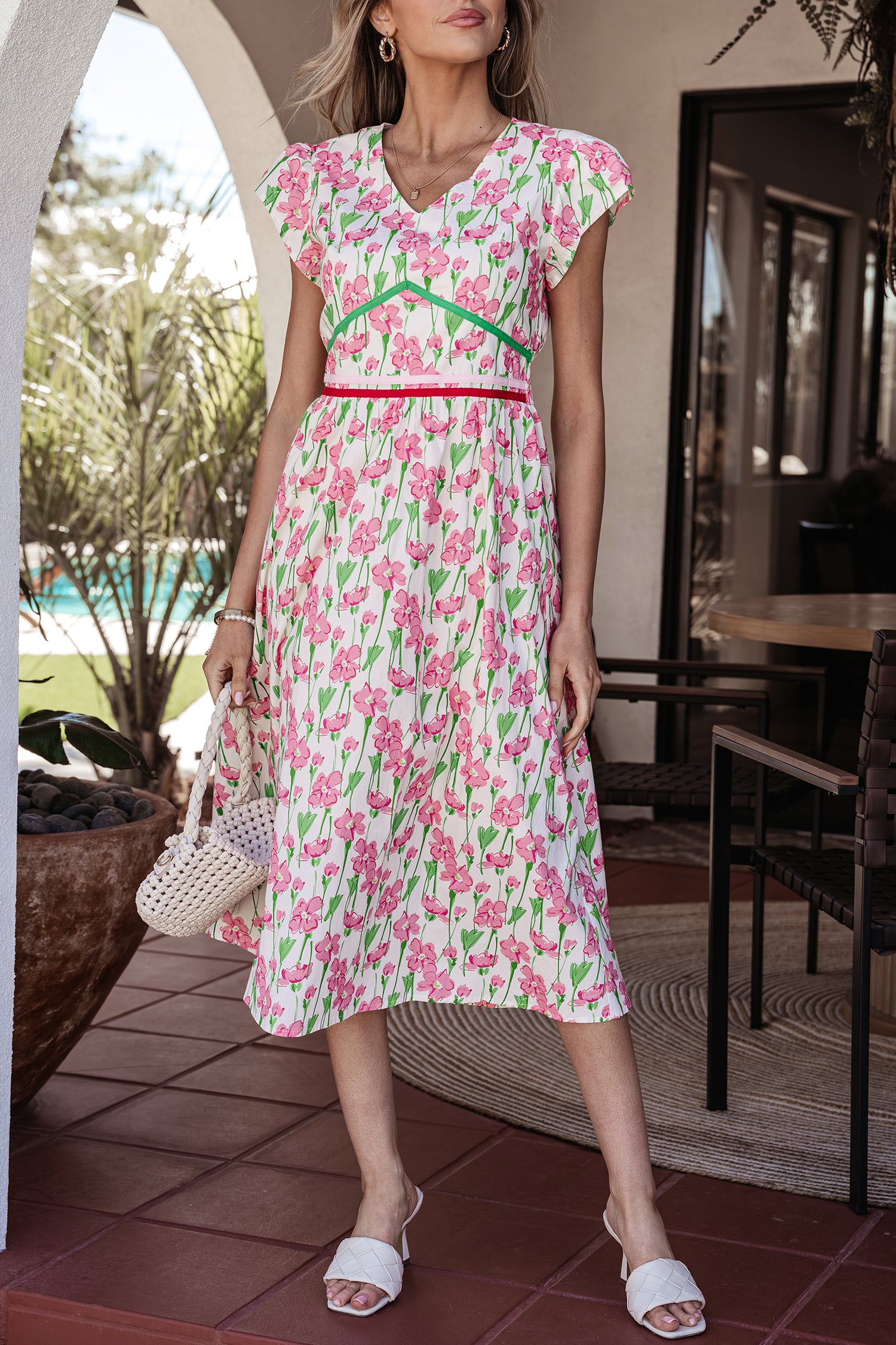 Pink Floral Print Contrast Trim V Neck Short Sleeve Elegant Midi Dress
