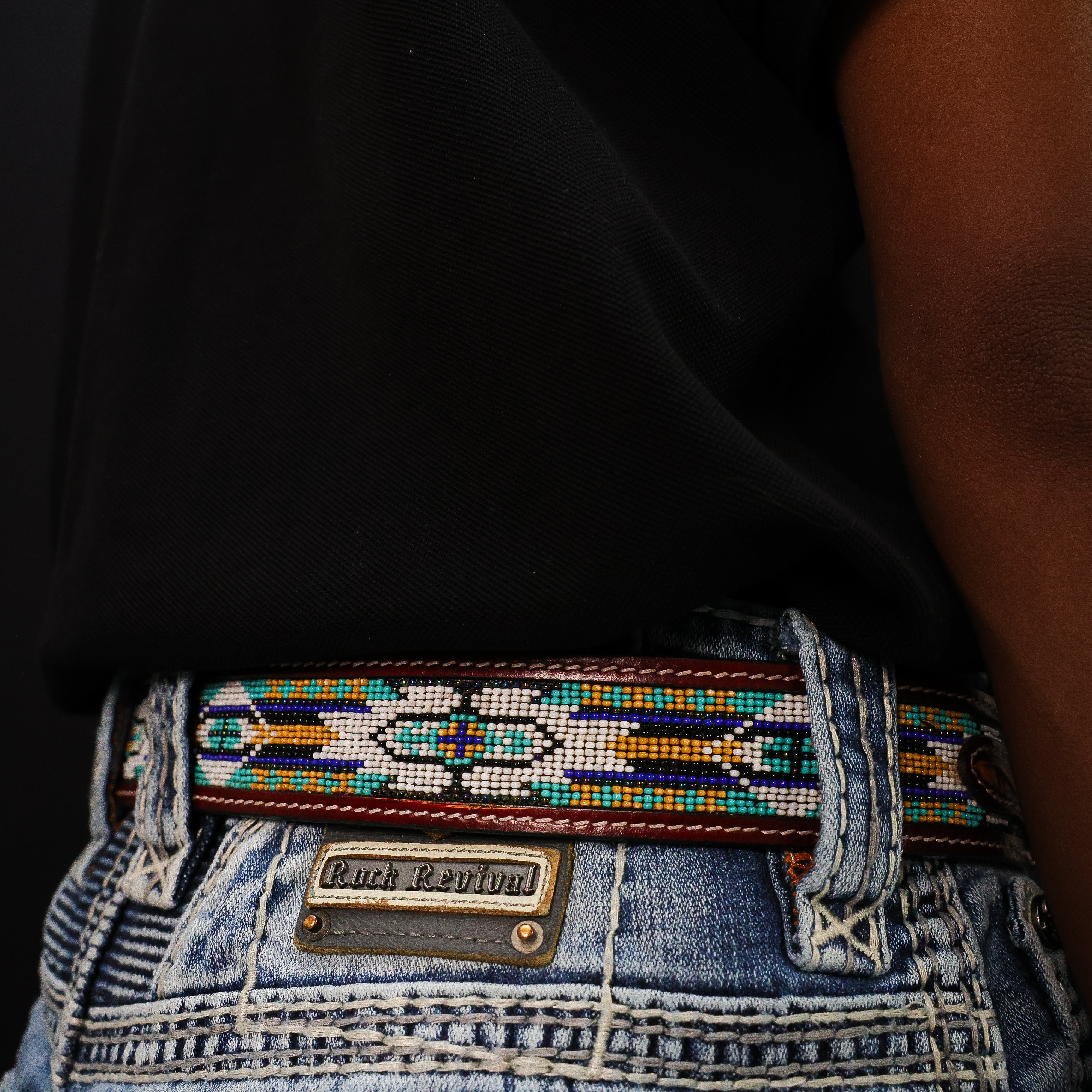Hand-Tooled Artesanal Beaded Leather Belt