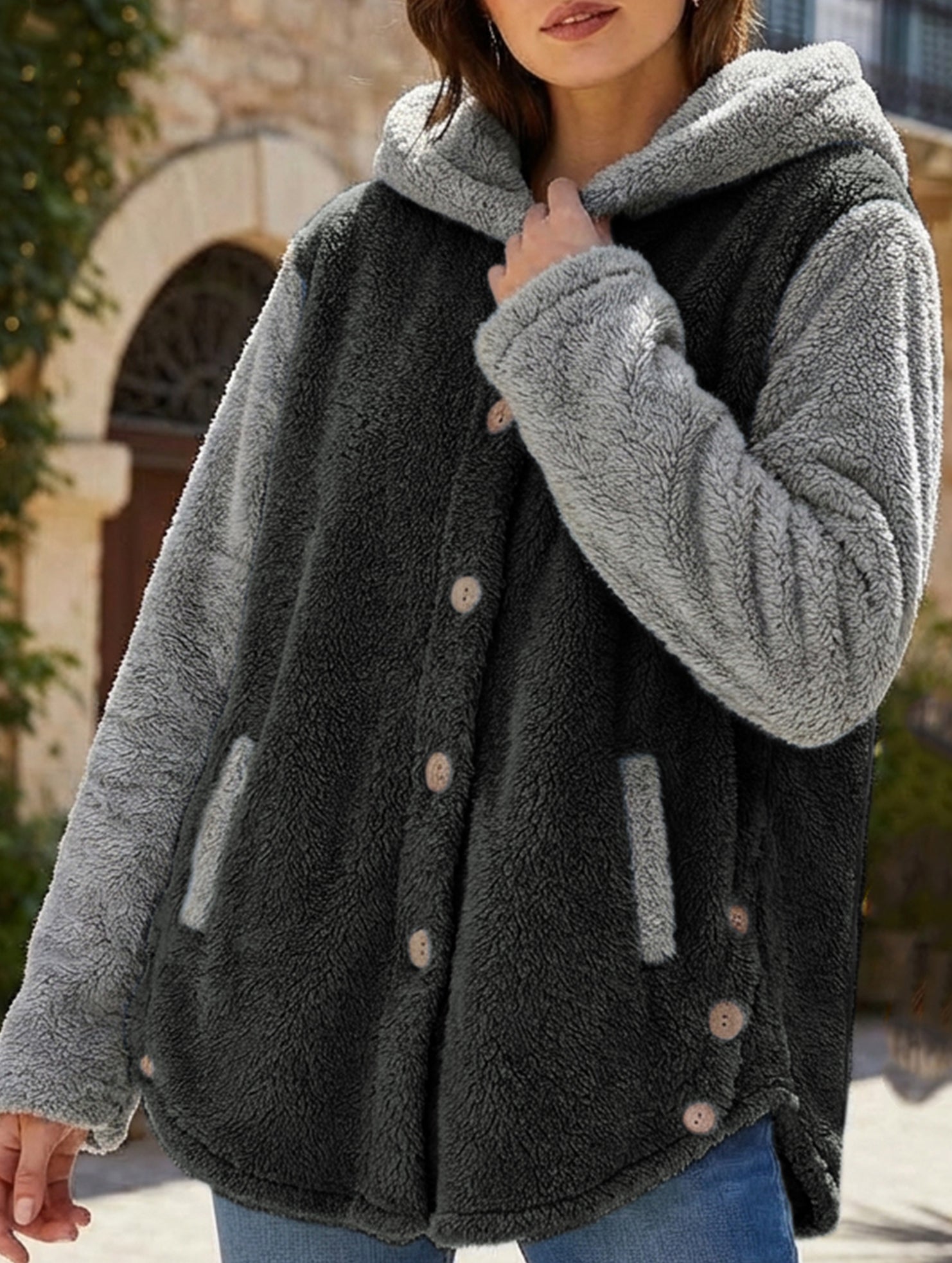 Irregular button color-blocked coat