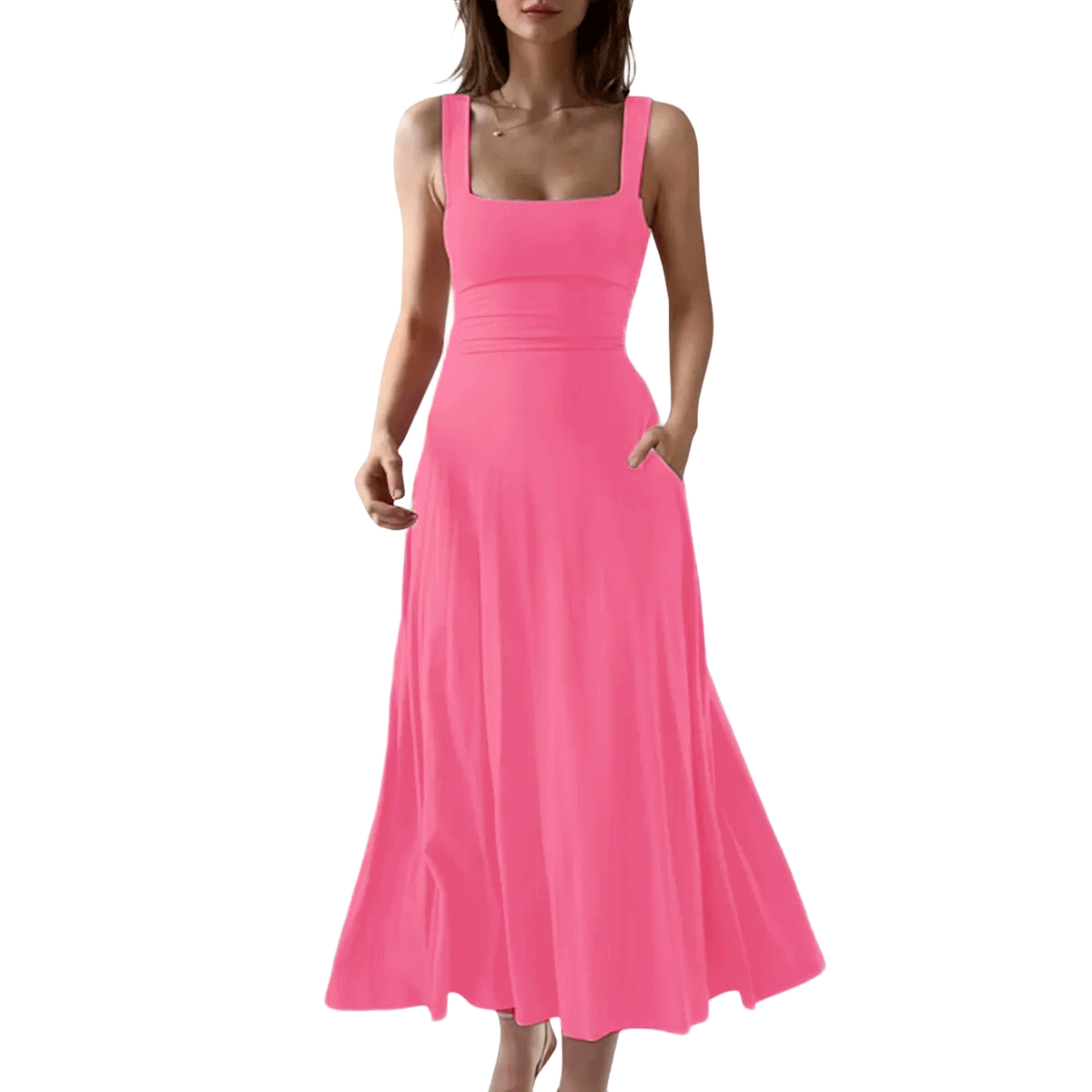 👗👗 Women’s Square Neck A-Line Flowy Dress with Pockets