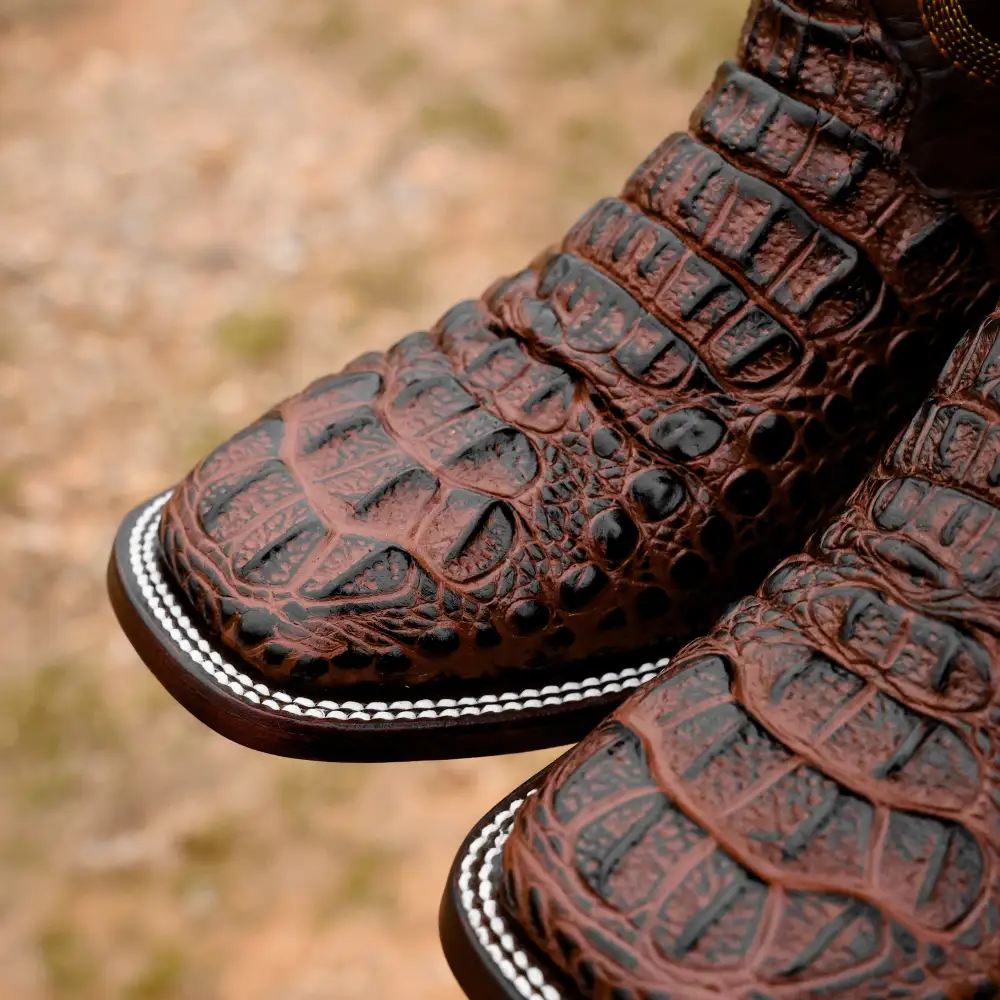 Chocolate Brown Caiman Neck Leather Boots - Square Toe