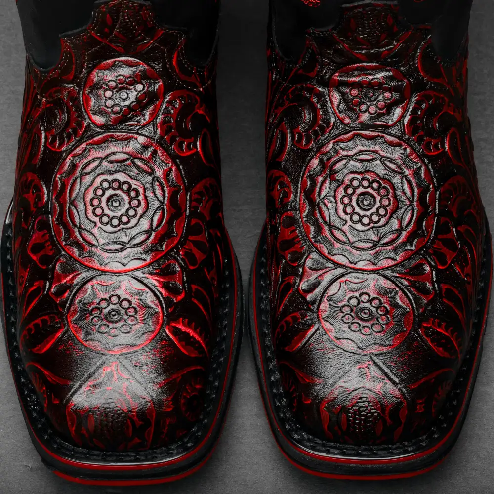 Black Cherry Hand-Tooled Leather Boots With 3D Lightweight Sole - Composite Toe