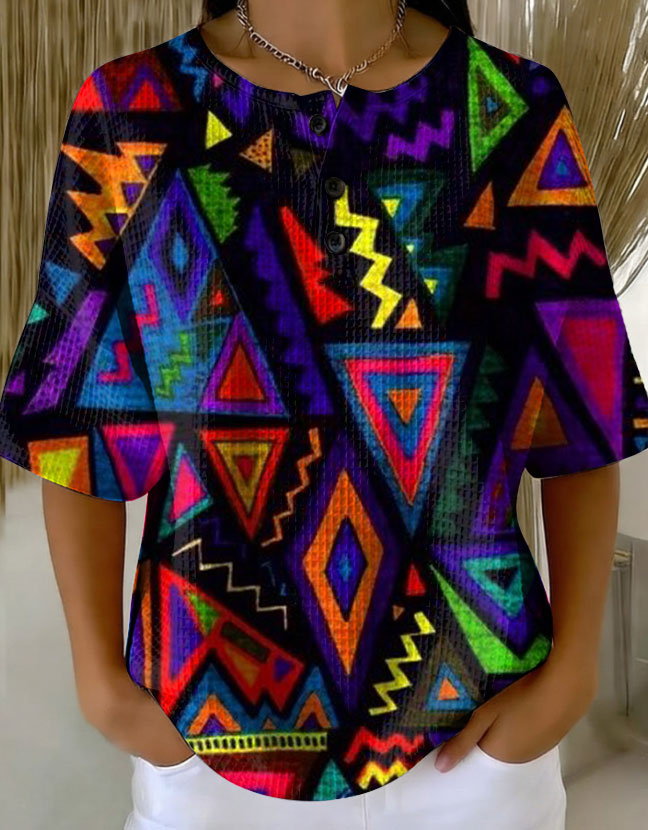 Women's Retro Geometric Patchwork Abstraction Patterns Art Print Casual Waffle Cotton Shirt