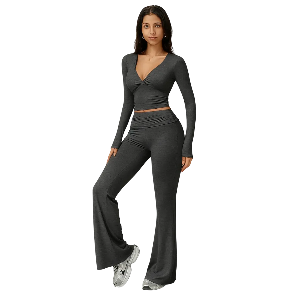 Elegant Casual V-Neck Long Sleeve Basic Two-Piece Outfit Set