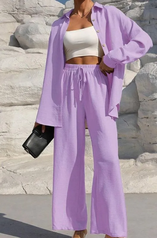Women's Solid Button Front Shirt & Tie Front Wide Leg Pants (Under $3 a set!)