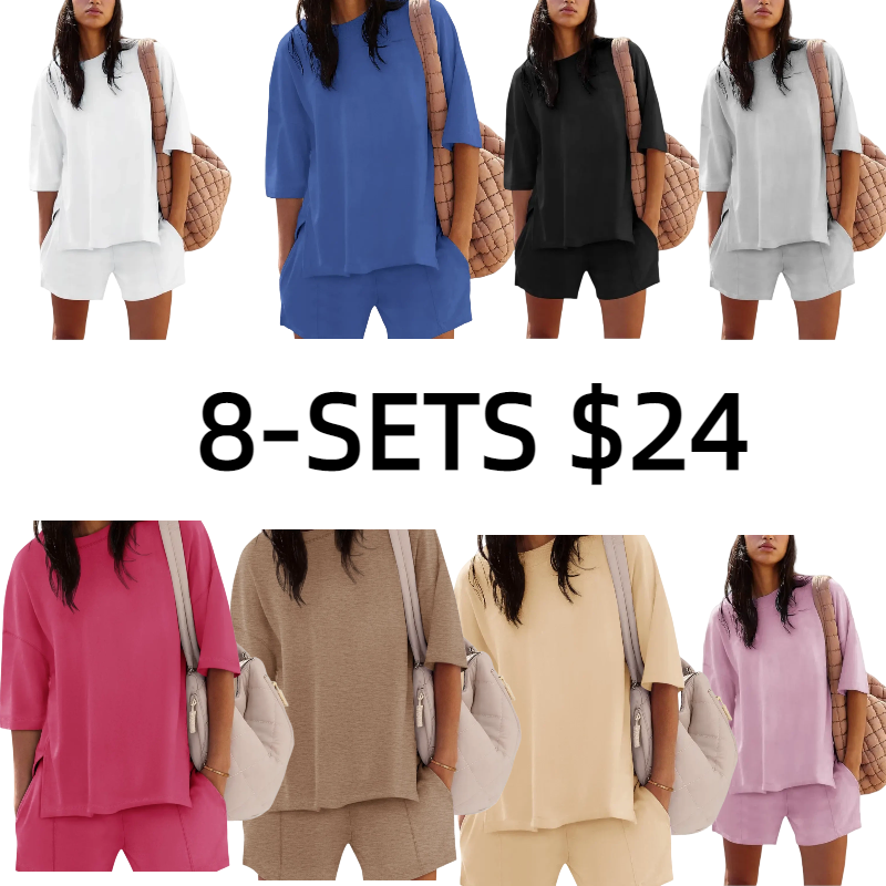 2026 Womens Shorts Sets 2 Piece Outfits Summer Half Sleeve Crew Neck Lounge Sets Matching Clothing
