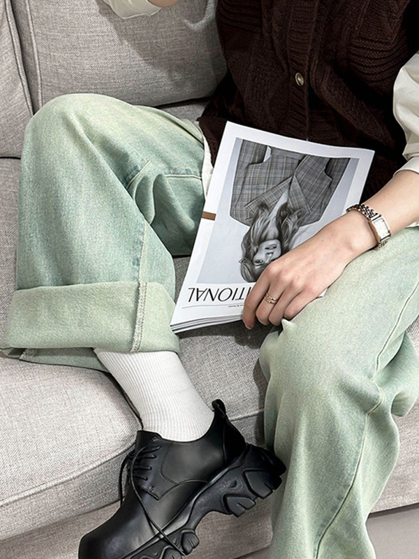 No Belt Pockets High Waisted Loose Jean Pants Bottoms