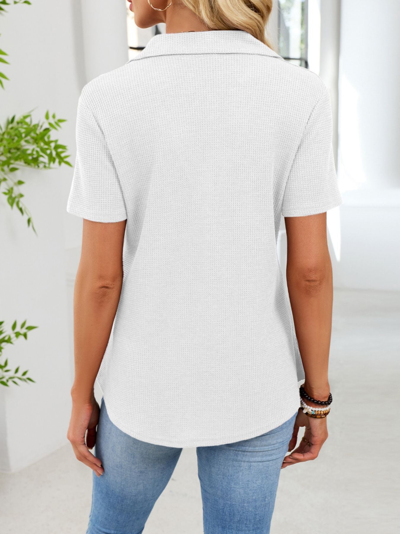 Waffle Knit Button Detail T-Shirt