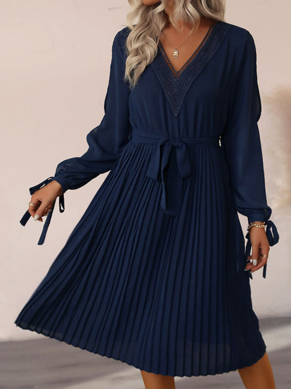 Hollow-Out Long-Sleeve Skirt Pleated V-Neck Lace Panel Dress