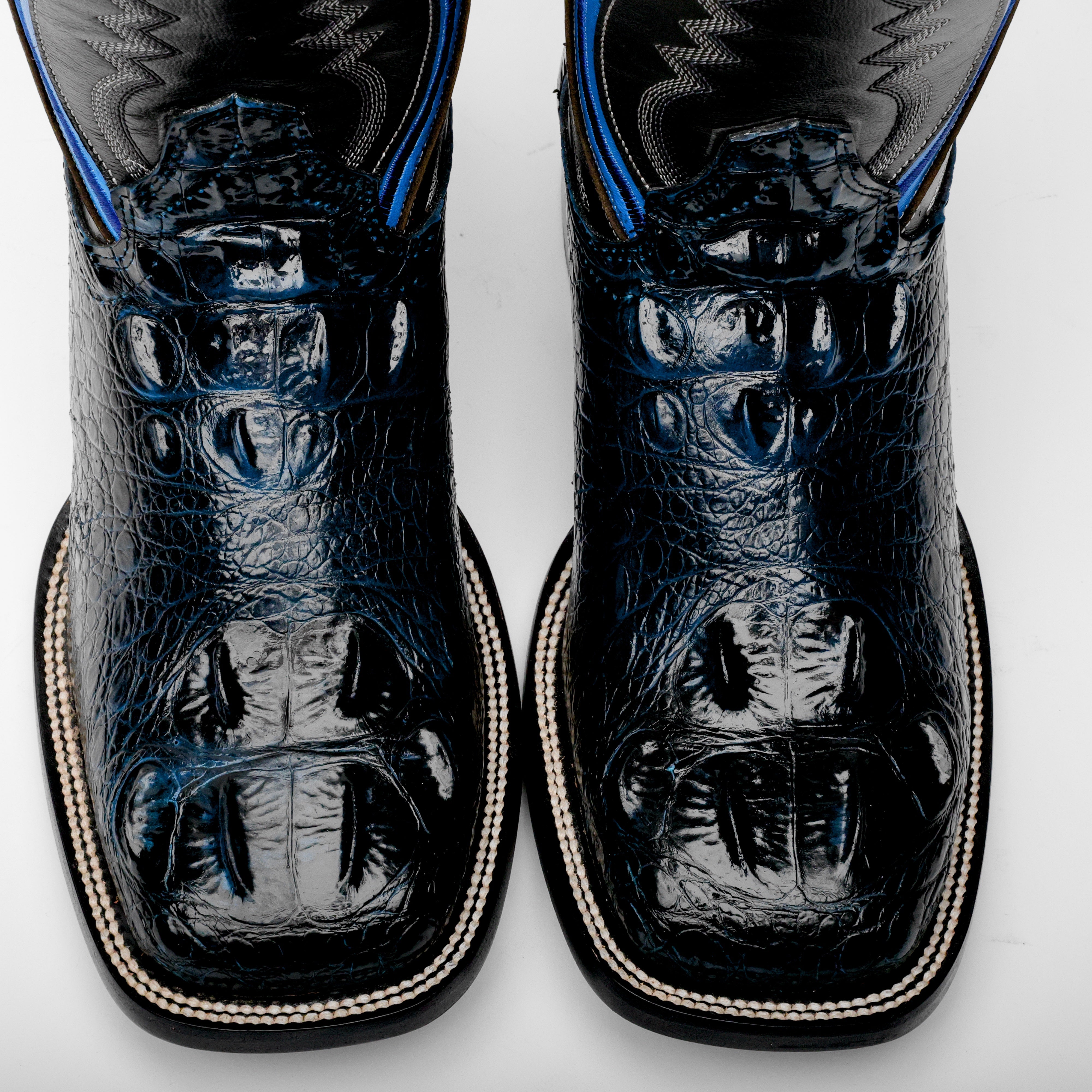 Midnight Blue Giant Caiman Hornback Leather Boots - Square Toe