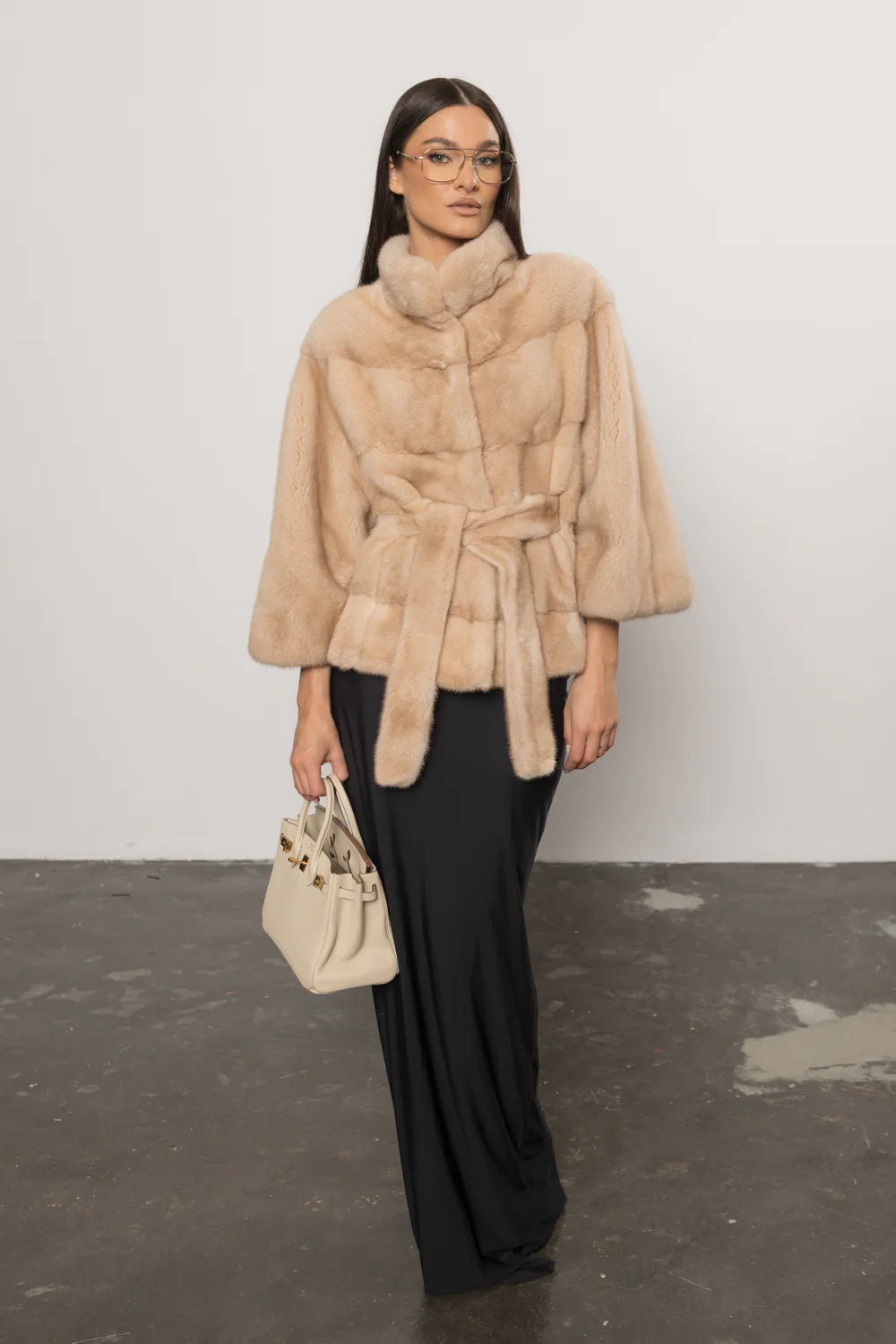 Haină din Blană Naturală de Vizon, cu Cordon, Femei, Pearl 405