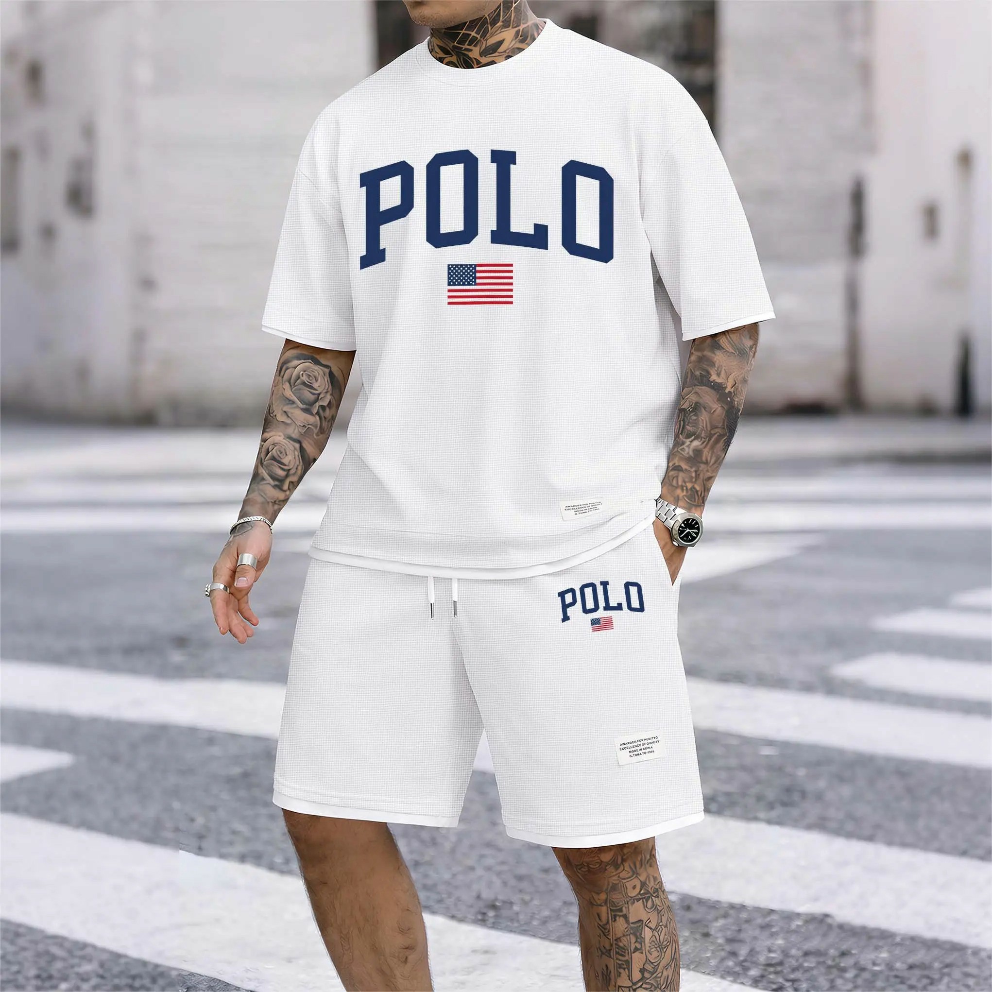 Men’s Printed Polo Shirt & Drawstring Shorts Set – Casual Summer 2-Piece Outfit