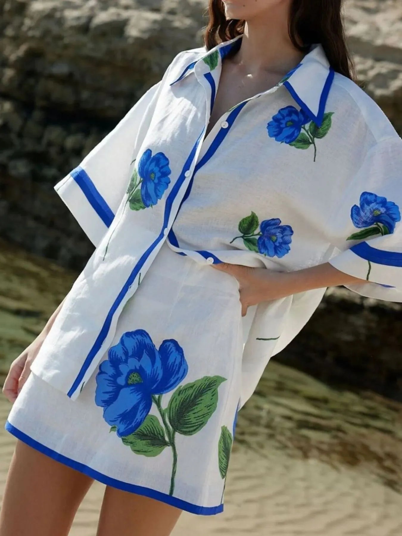 Floral Print Button-Up Shirt and Mini Skirt Set