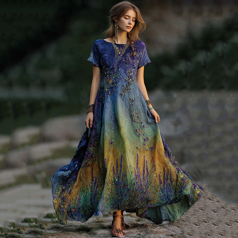 Women's Vintage Lavender Embroidered Sequin Gradient Flowing Linen Maxi Dress