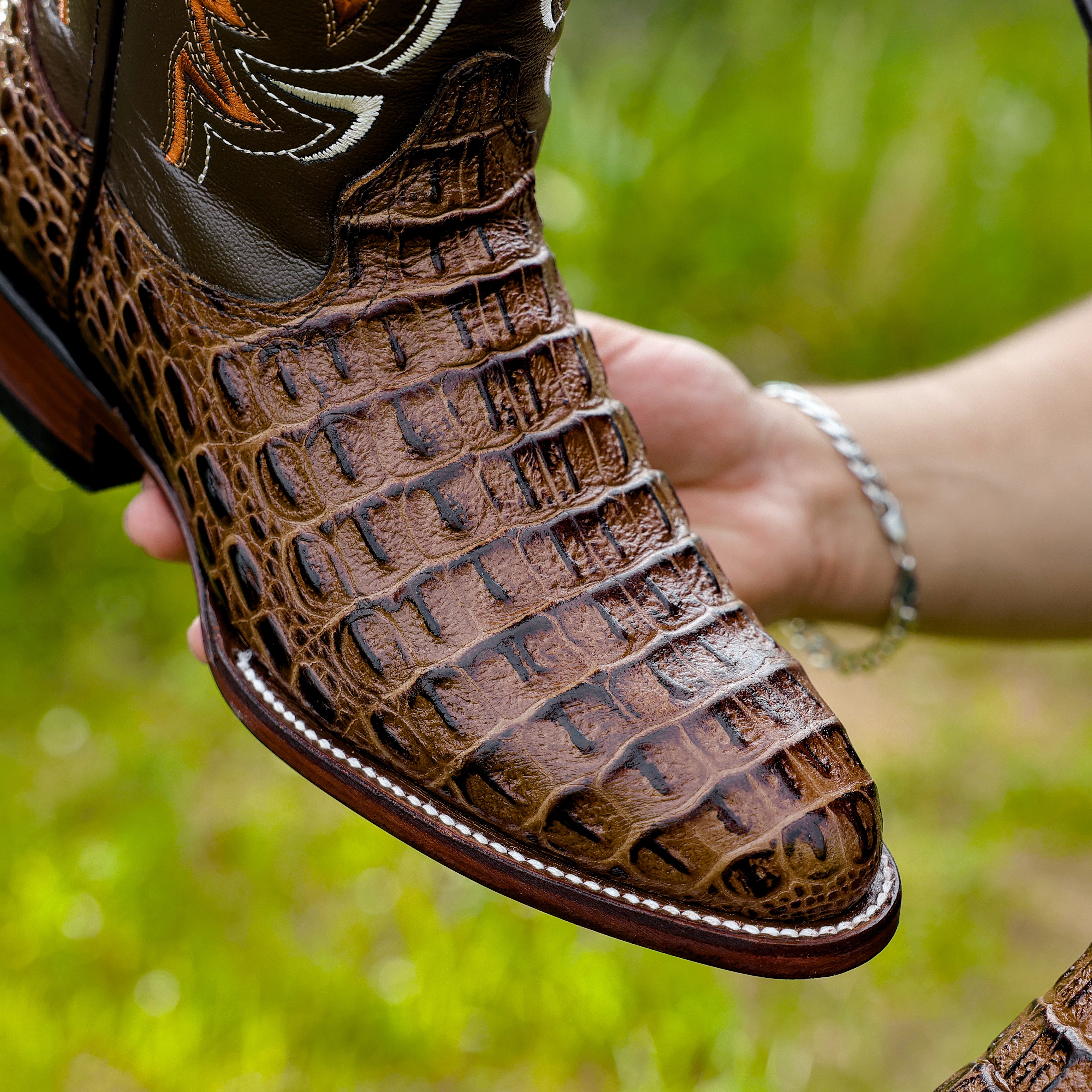 Honey Caiman Hornback Leather Boots - Round Toe