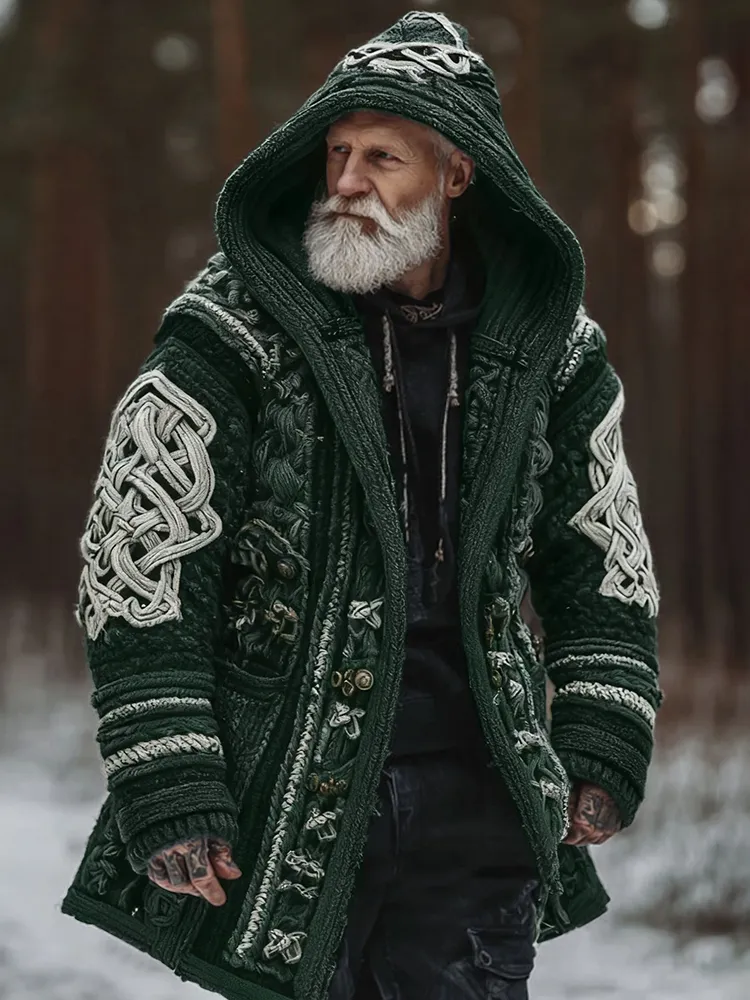 Men's Viking Celtic Geometry Pattern Art Cozy Knit Hooded Cardigan