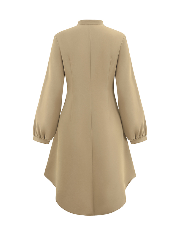 Buttoned No Belt Pleated Solid Color Long Sleeves Loose V-neck Shirt Dress Midi Dresses