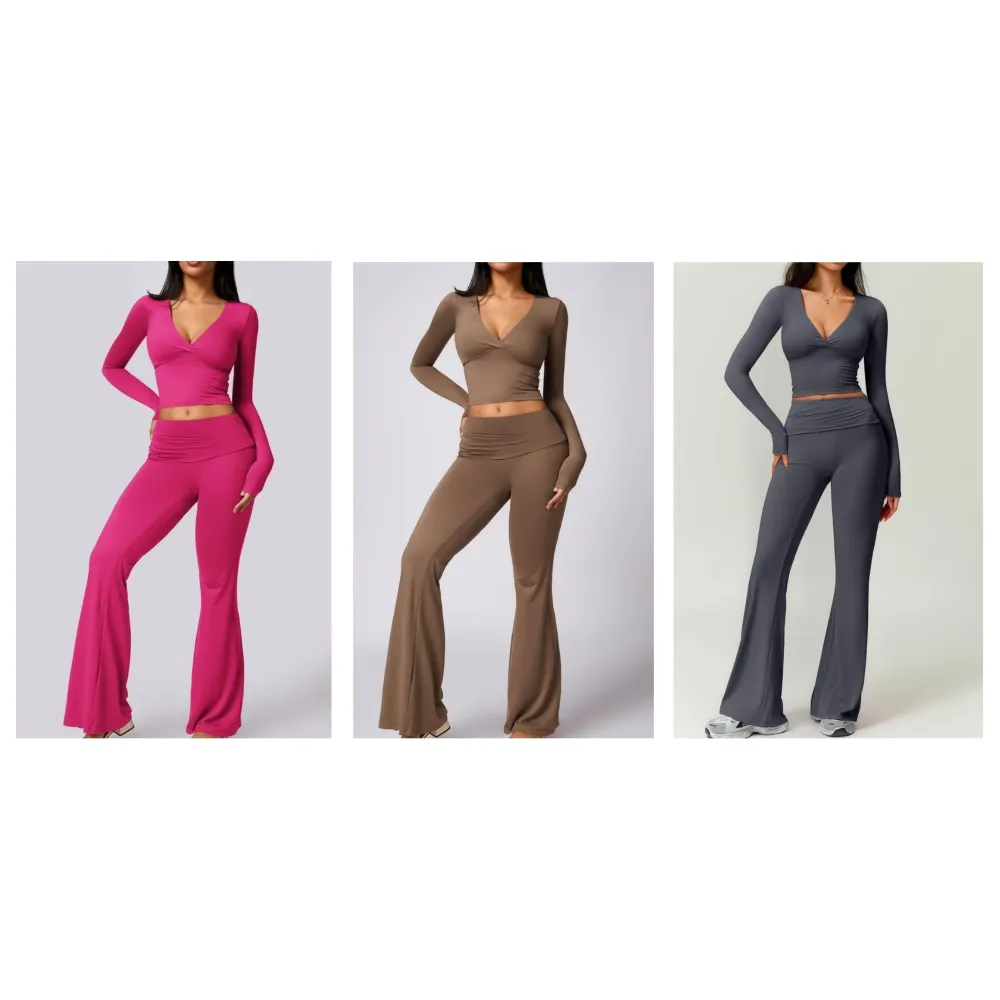 Women's High Elastic Soft V-Collar Flared Pants Set