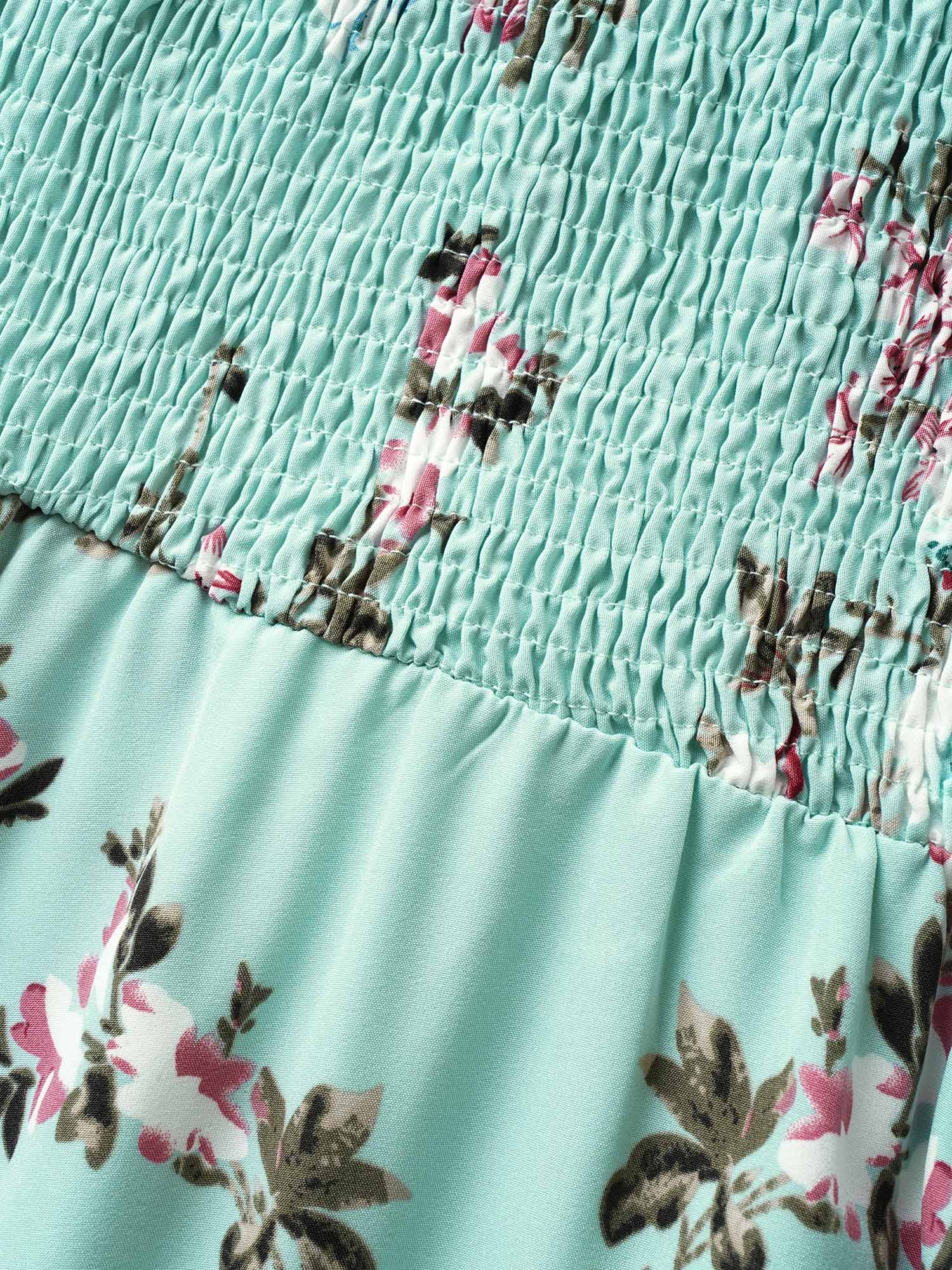 Floral Square Neck Ruffles Pocket Shirred Split Dress