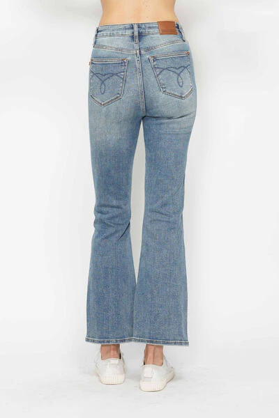 Blue Full Size Tummy Control Back Embroidered Pocketed Bootcut Jeans - Multiple Lengths