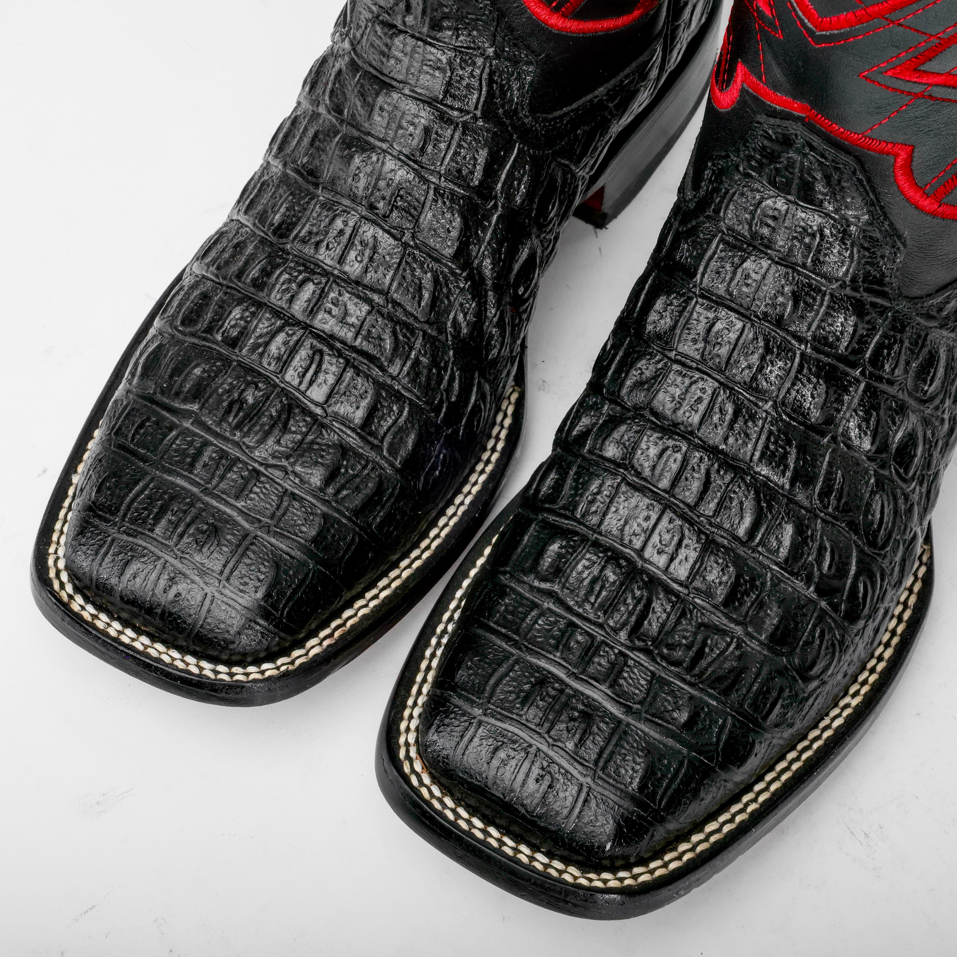 Black Caiman Hornback Leather Boots - Square Toe