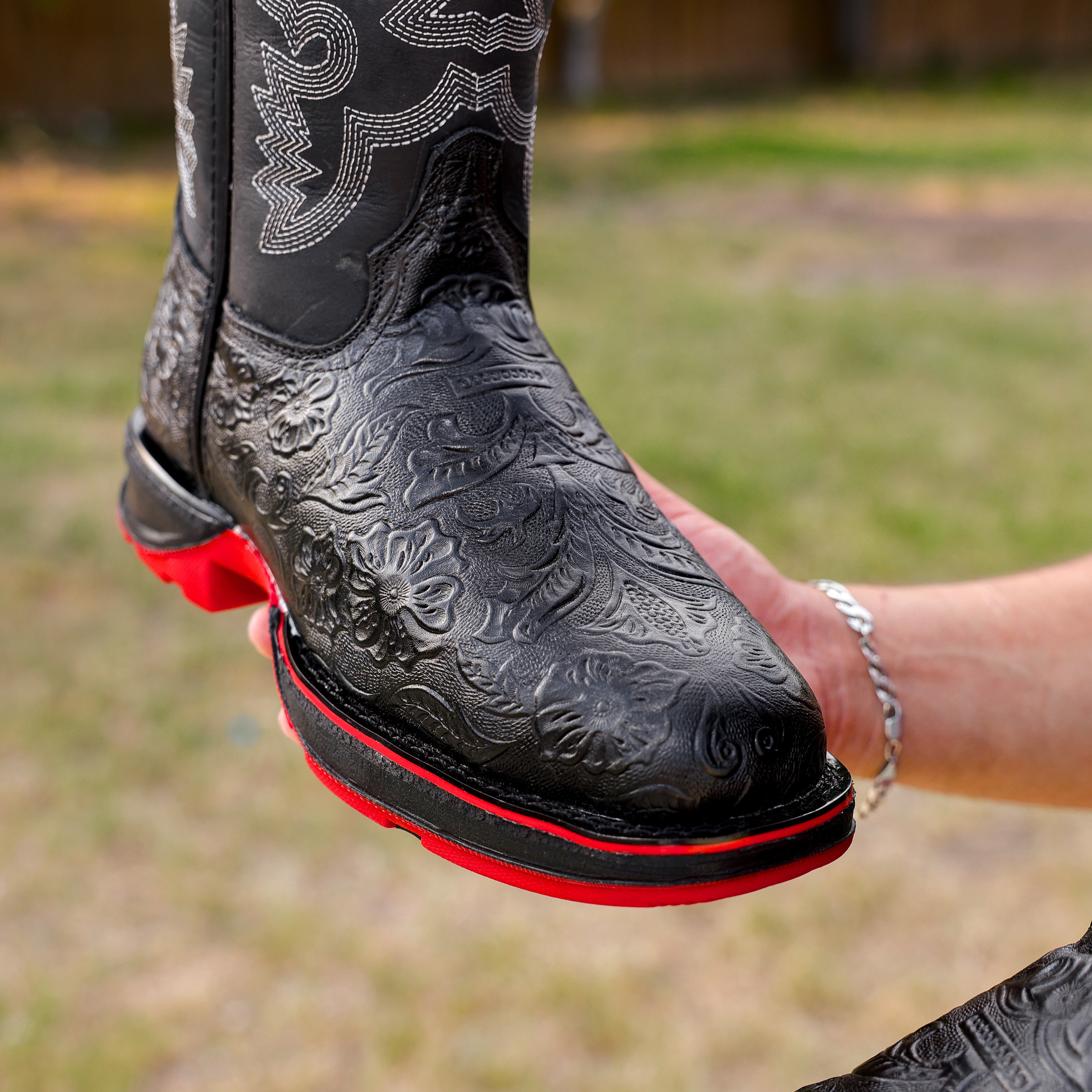 Black Hand-Tooled Leather Boots With 3D Lightweight Sole - Composite Toe