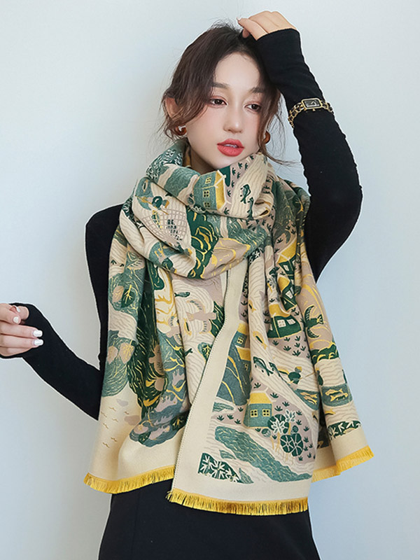 Vintage Printed Tasseled Shawl&Scarf