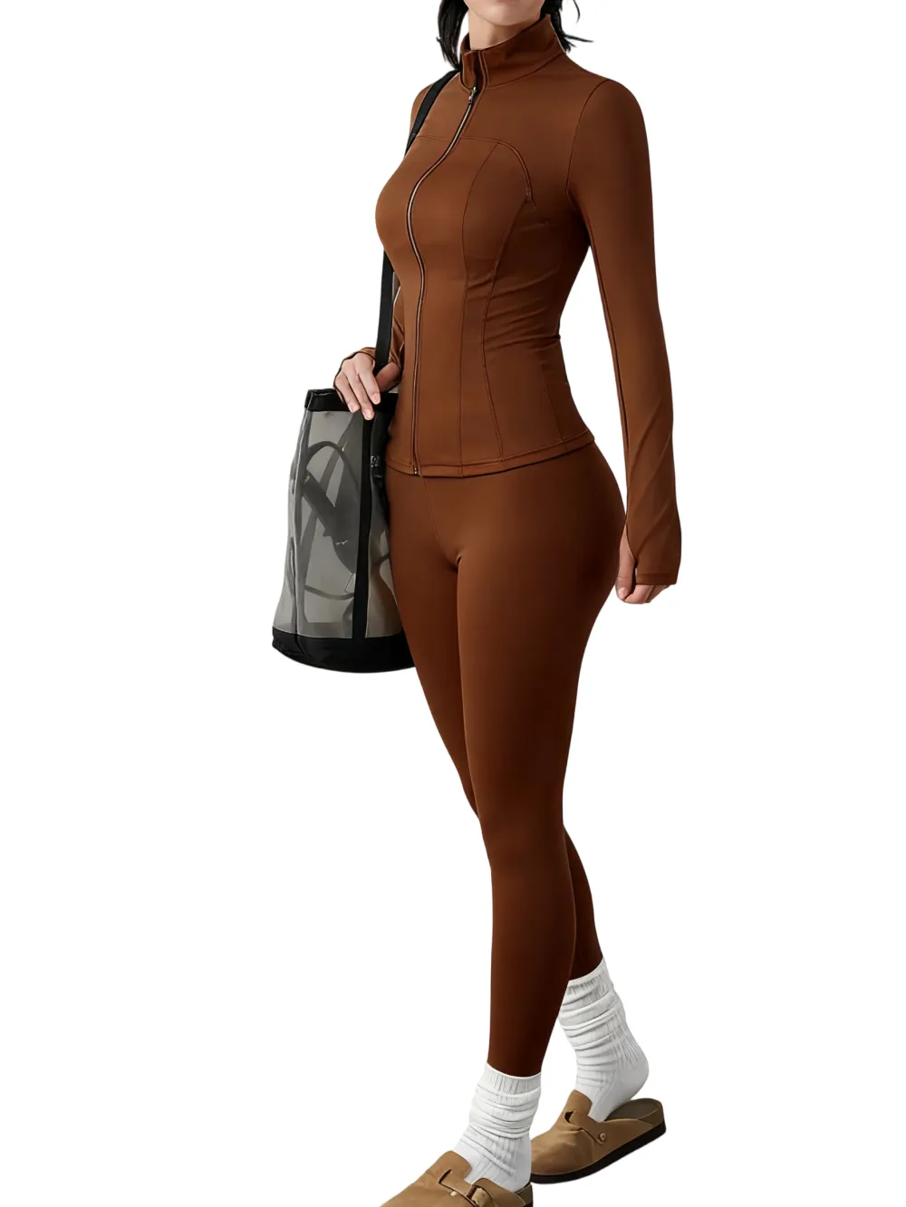 Women's Solid Zip Up Jacket & High Waist Leggings Tracksuit Set