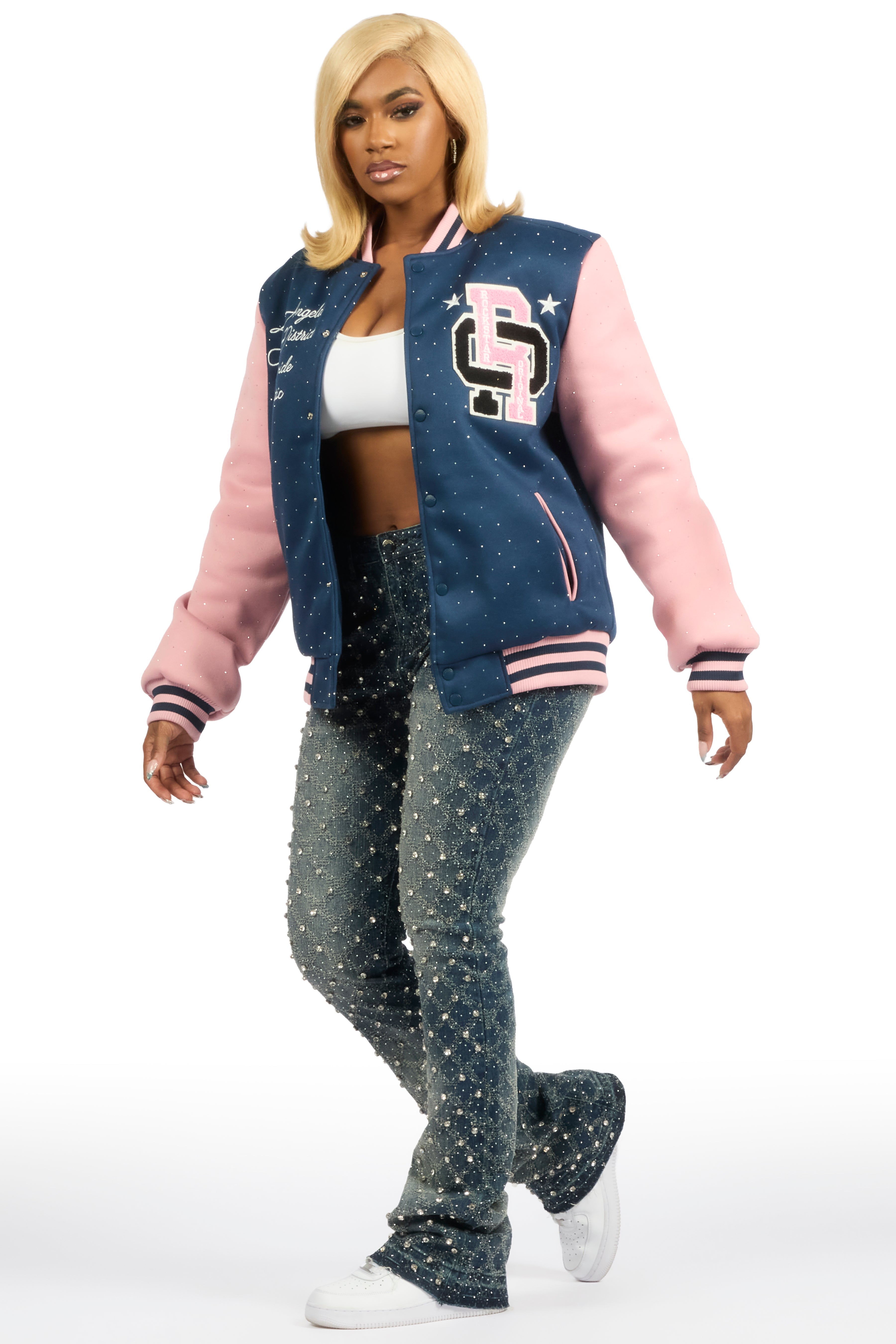 Ranesha Navy/Pink Rhinestone Varsity Jacket