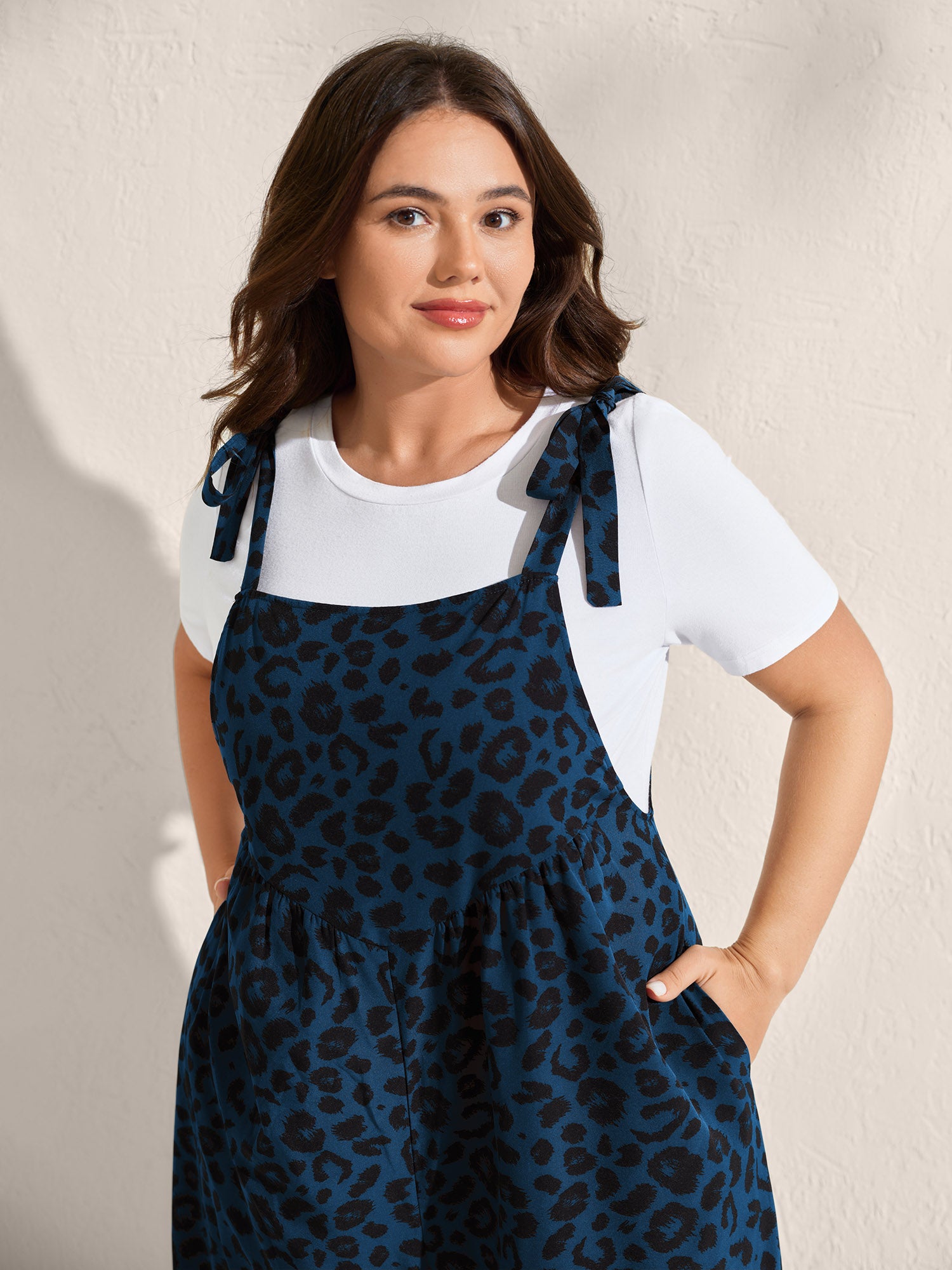 Leopard Print Pockets Shoulder Ties Jumpsuit