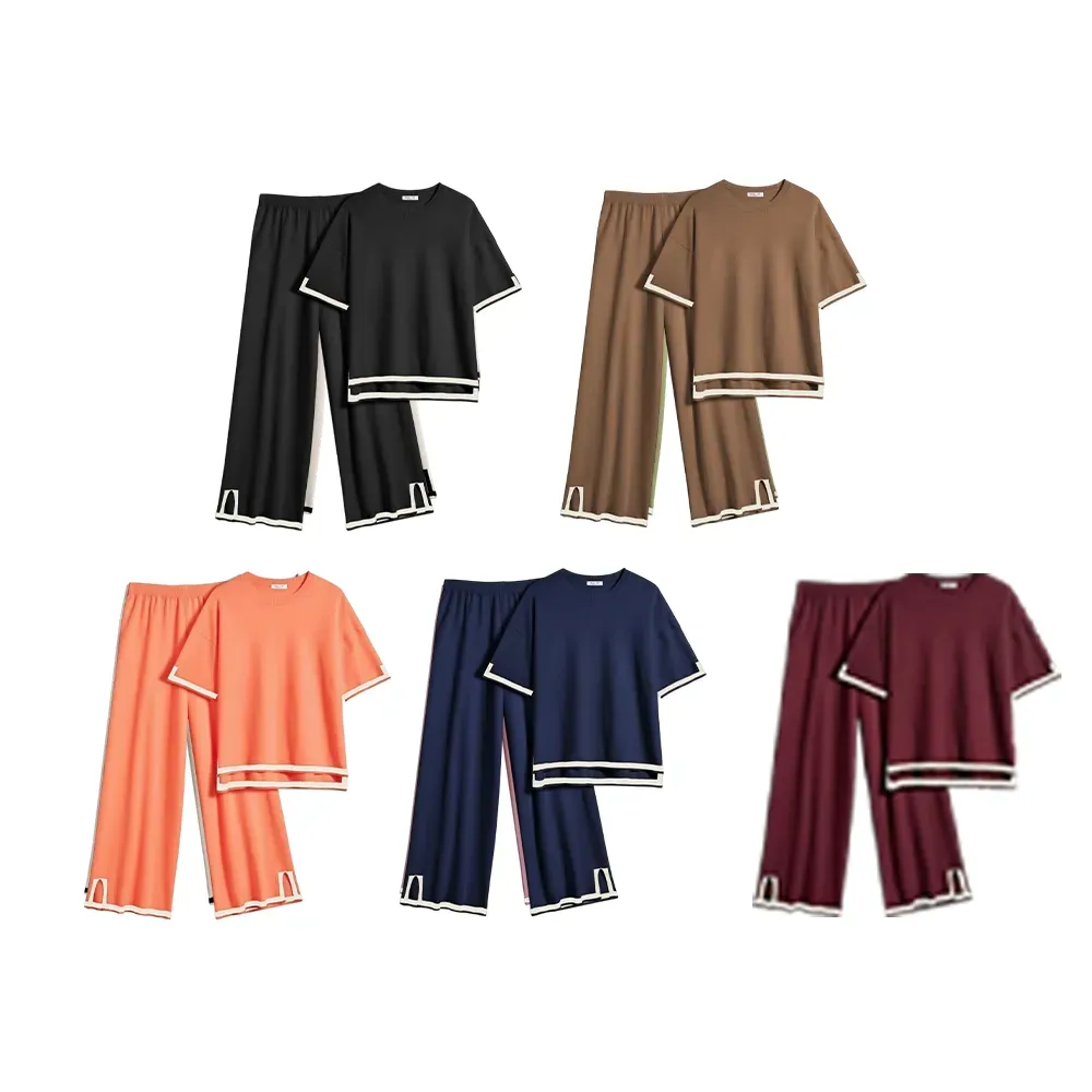 Women’s 2-Piece Knit Lounge Set – Short Sleeve Top & Wide-Leg Pants