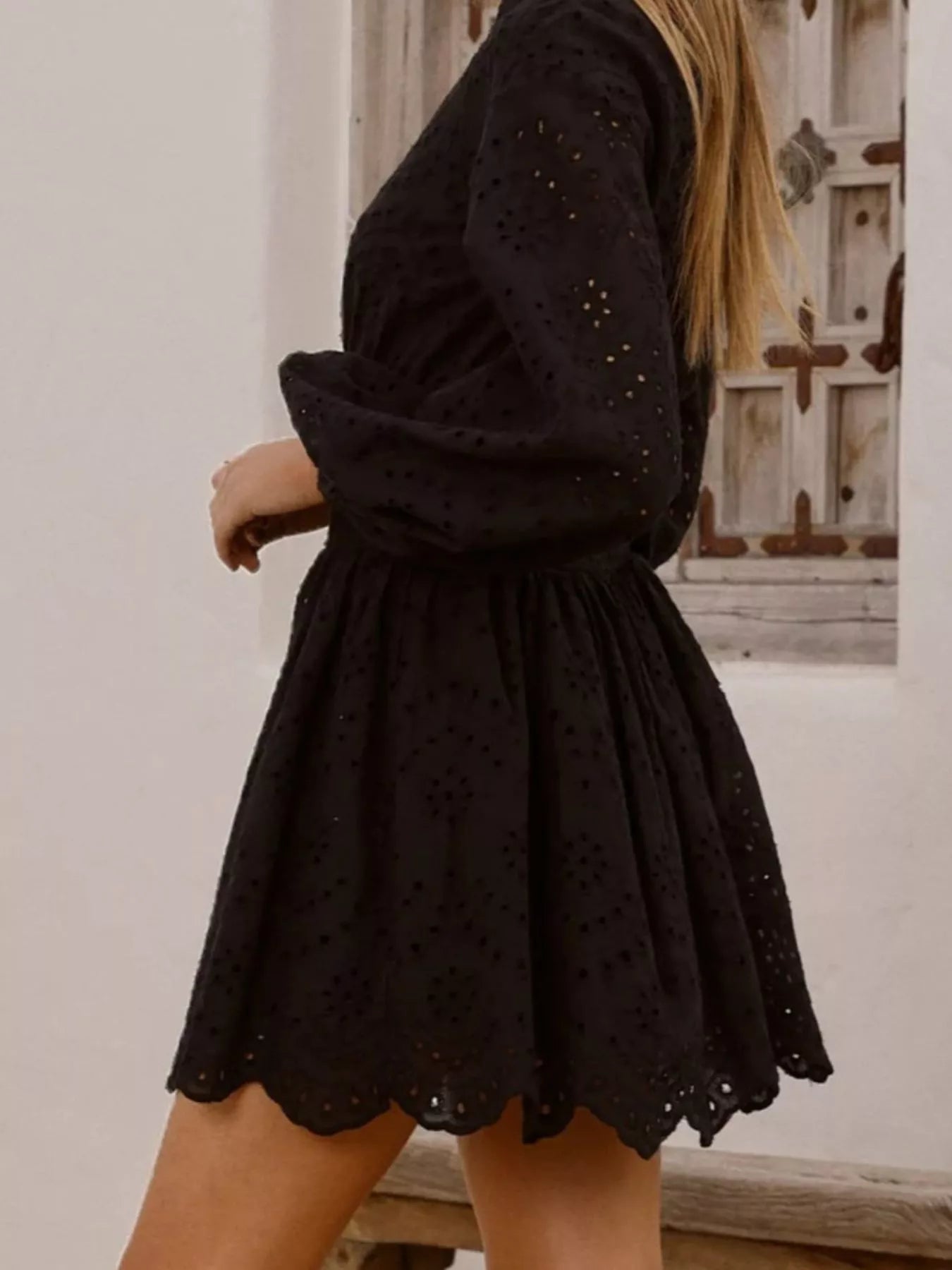 Eyelet Balloon Sleeve Mini Dress