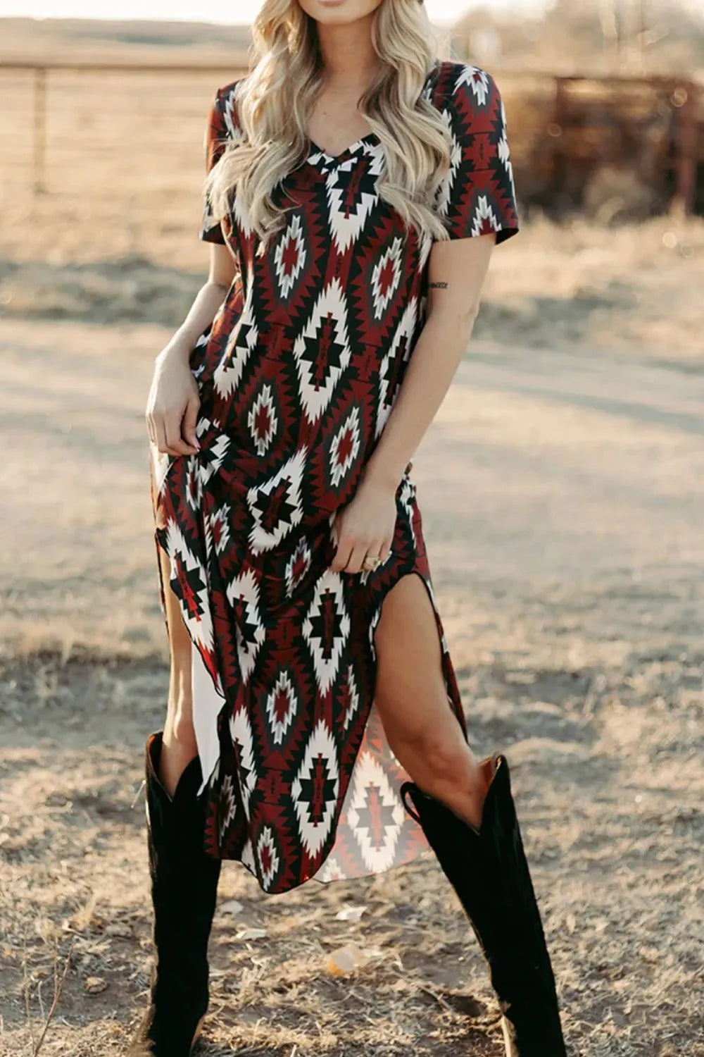 Aztec Print V-Neck Midi Dress