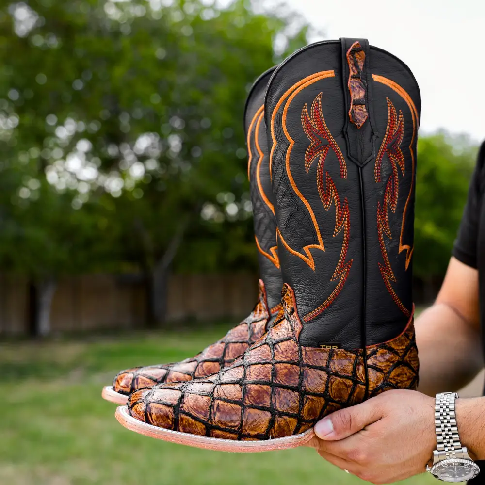 Cognac Pirarucu Leather Boots - Square Toe